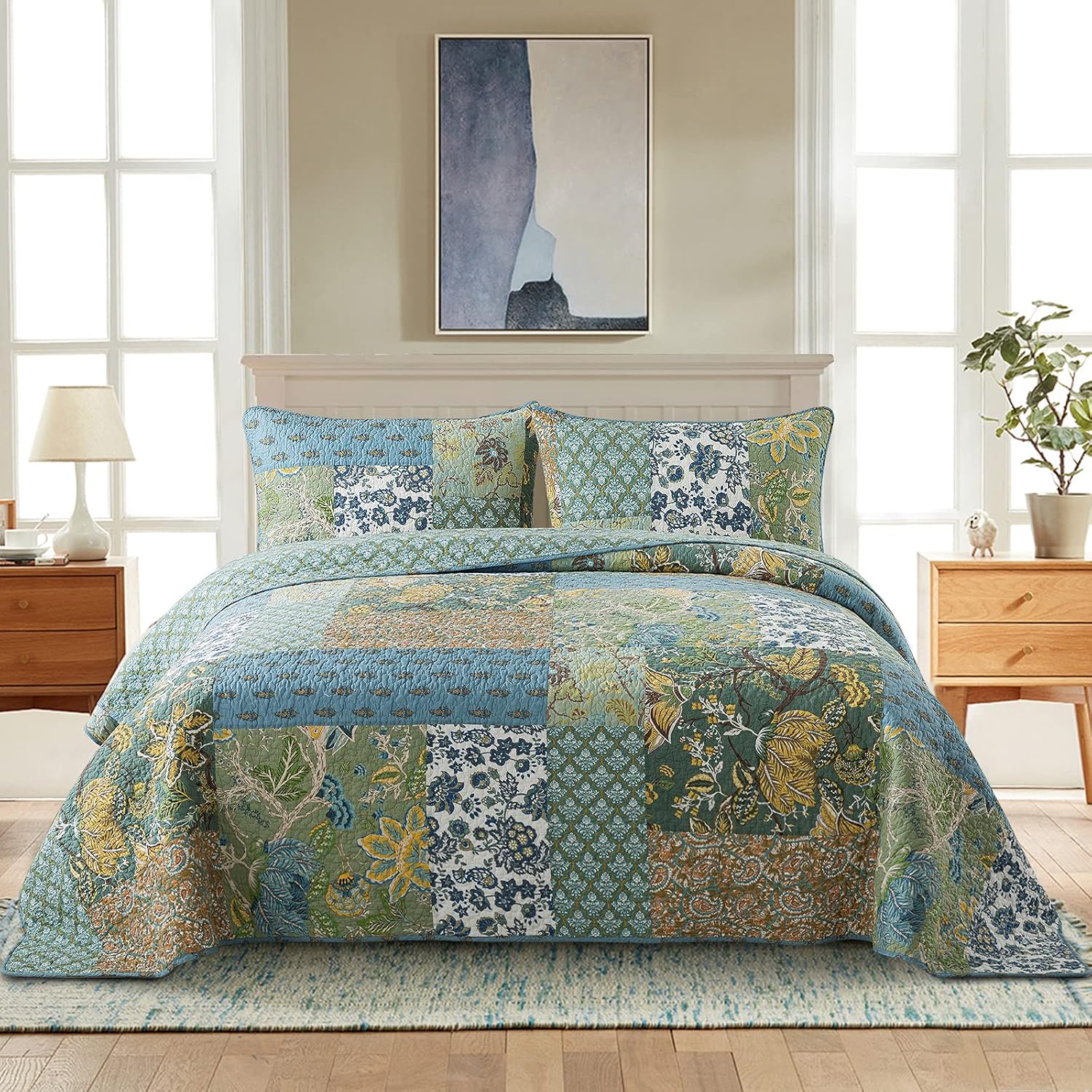 Striped Classical Cotton 3-Piece Patchwork Bedspread Quilt Sets, King Size
