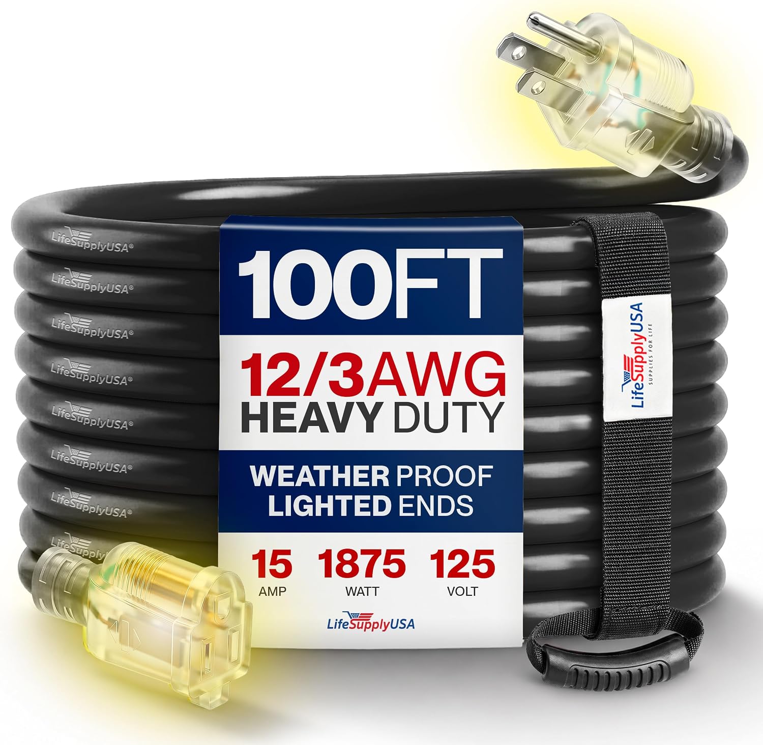 25ft Outdoor/Indoor Extension Cord 12/3 Gauge Extra Heavy Duty 3 Prong SJTW, Waterproof, Flexible Cold-Resistant Long Power Cord,15A 125V 1875W, Yellow by LifeSupplyUSA