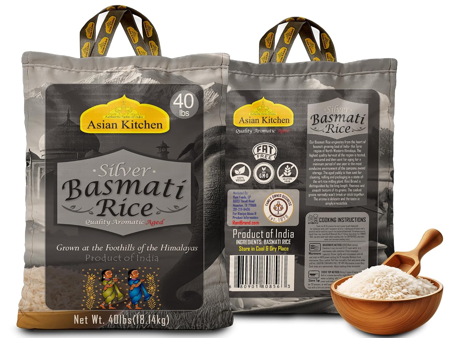 Asian Kitchen Platinum White Basmati Rice Extra Long Aged 20lbs (9.08kg) ~ All Natural | Gluten Friendly | Vegan | Indian Origin | Export Quality
