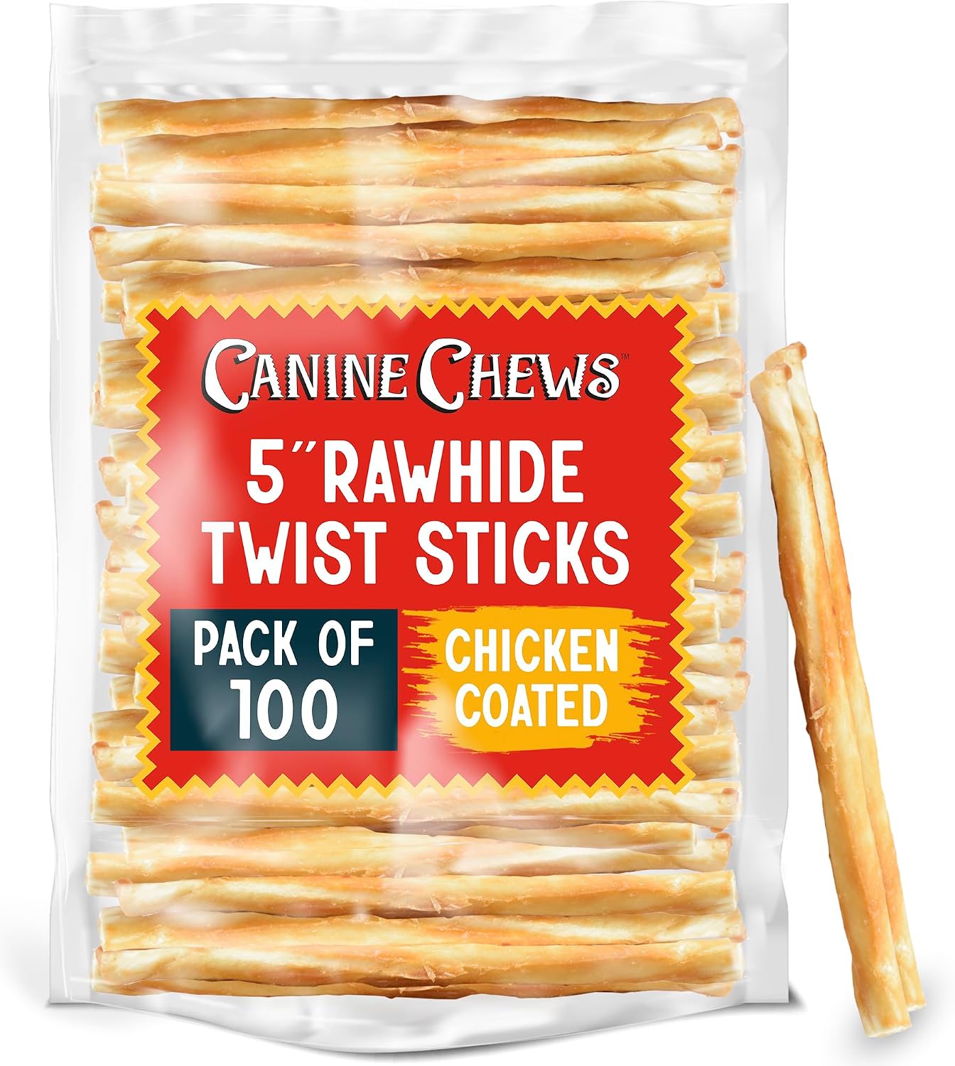 Canine Chews 5" Chicken Coated Sticks - Pack of 100 Chicken Wrapped Rawhide Dog Treats - 100% Real USA-Sourced Chicken Coating - Protein-Dense Dog