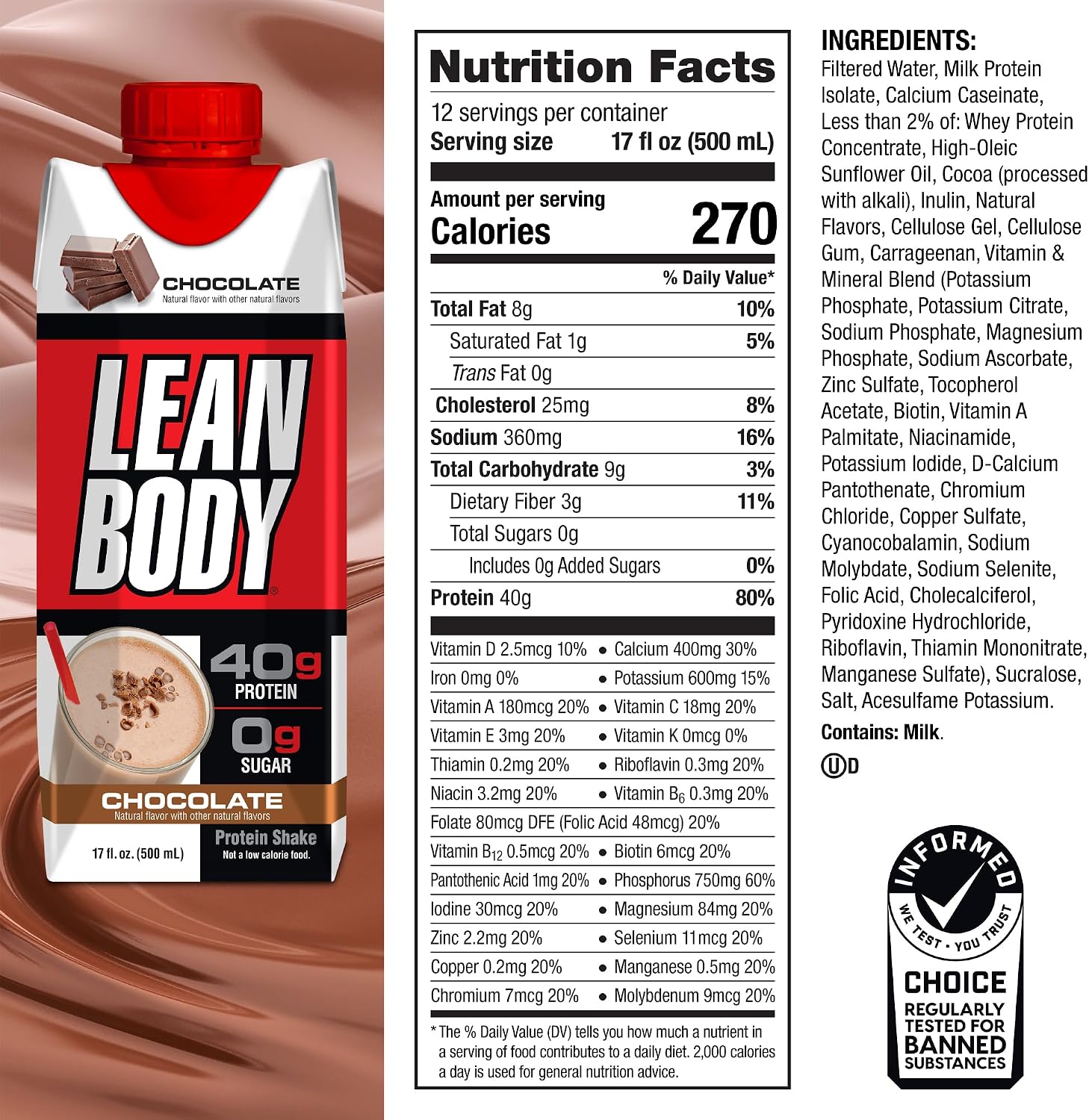 Labrada Lean Body Ready-to-Drink Chocolate Protein Shake, 40g Protein, Whey Blend, 0 Sugar, Gluten Free, 22 Vitamins & Minerals, LABRADA, 17 Fl Oz (Pack of 12)