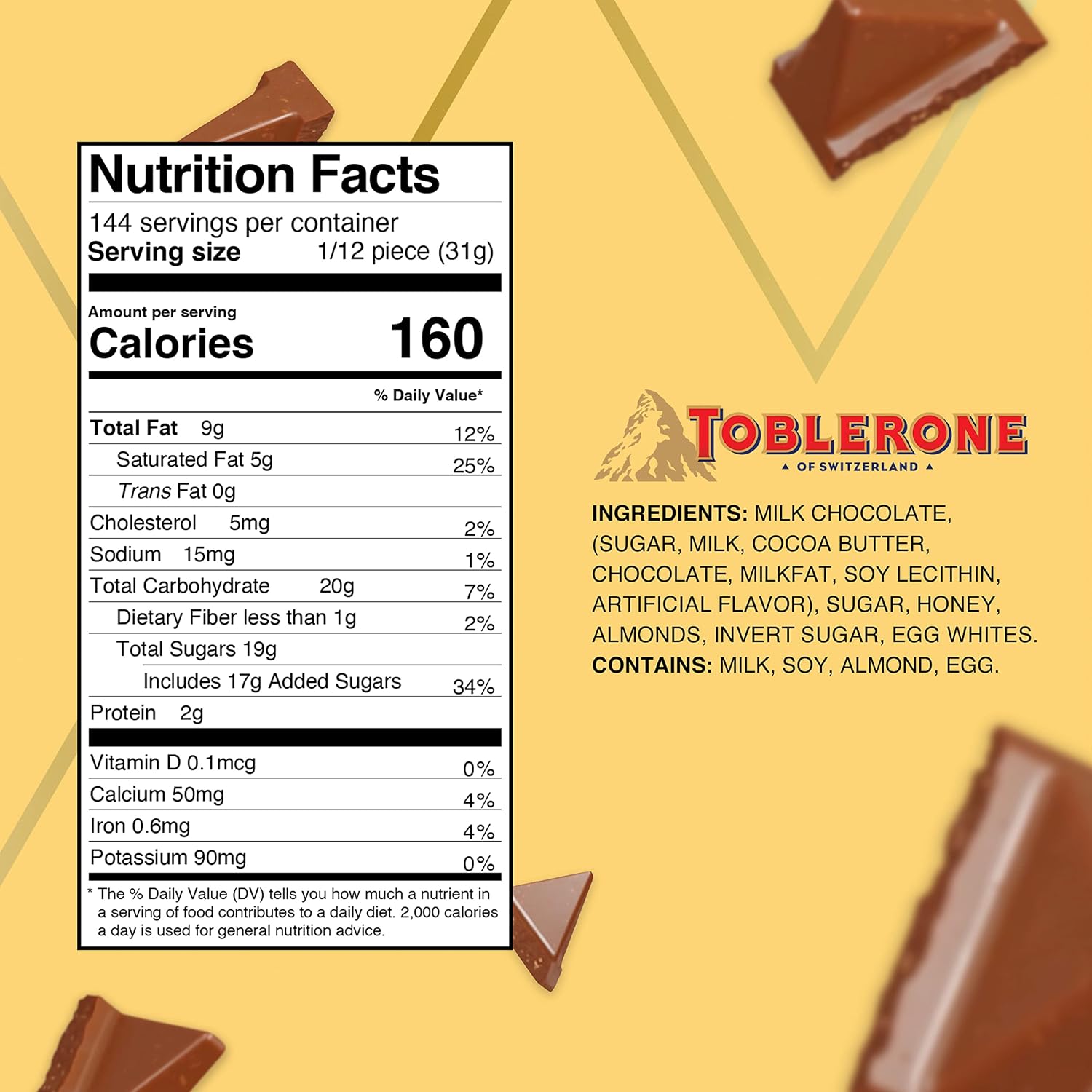 TOBLERONE Milk Chocolate Bar with Honey and Almond Nougat, 20 Bars | Bulk Chocolate