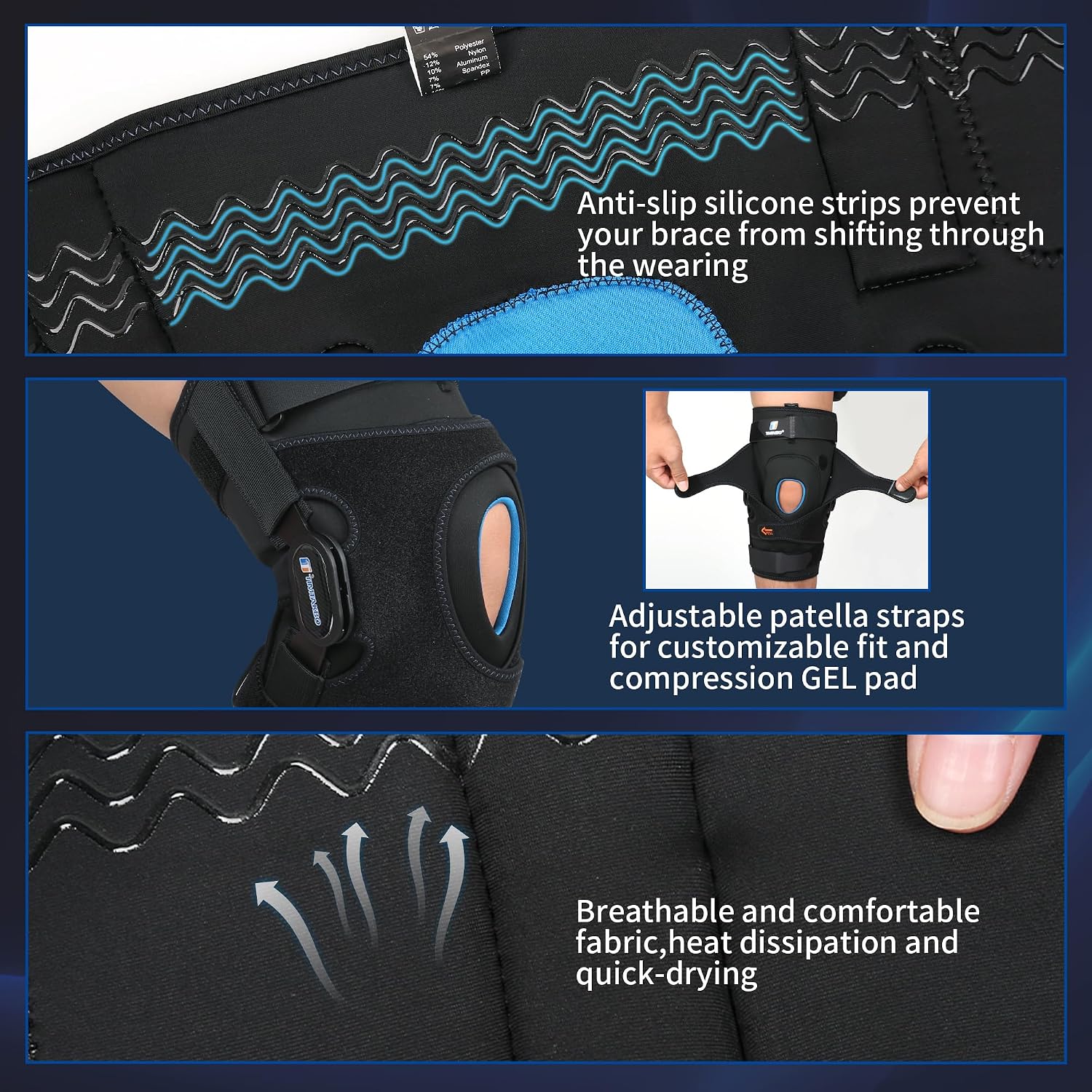 TIMTAKBO Large Hinged Knee Brace With Side Stabilizers for Men Women | Knee Support Brace with Patella Gel Pad,Silicone Anti-Slip,Adjustable Open Back for Meniscus Tear, Arthritis,Knee Pain,Sports