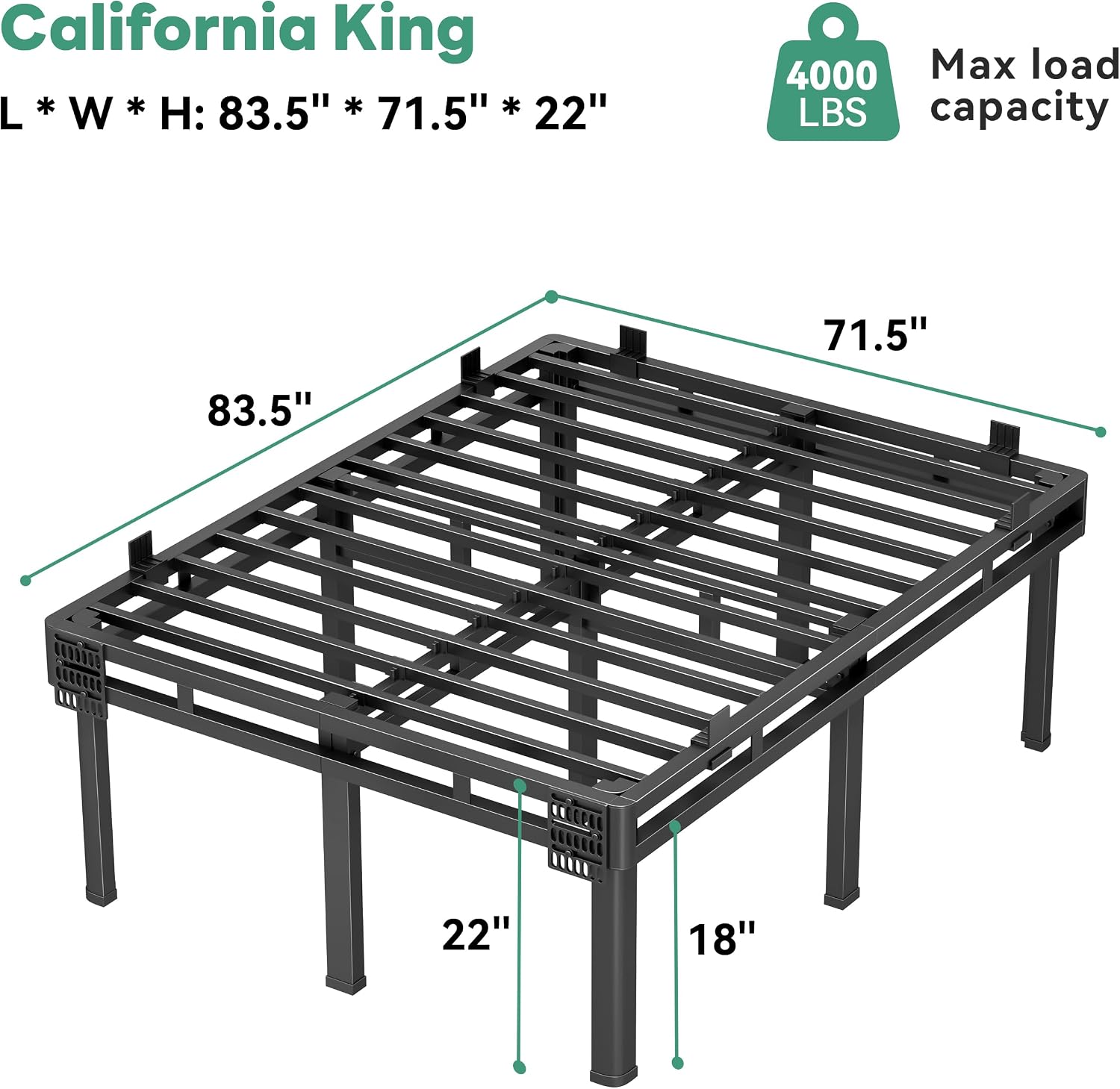 Superay 24 inch HIgh Queen Bed Frame with Rounded Legs, Double Layer Design | Metal Bed Frame & Box Spring 2 in 1 High Platform with Matress Gasket & headboard Adapter, Heavy Duty Support 4000lbs, Black