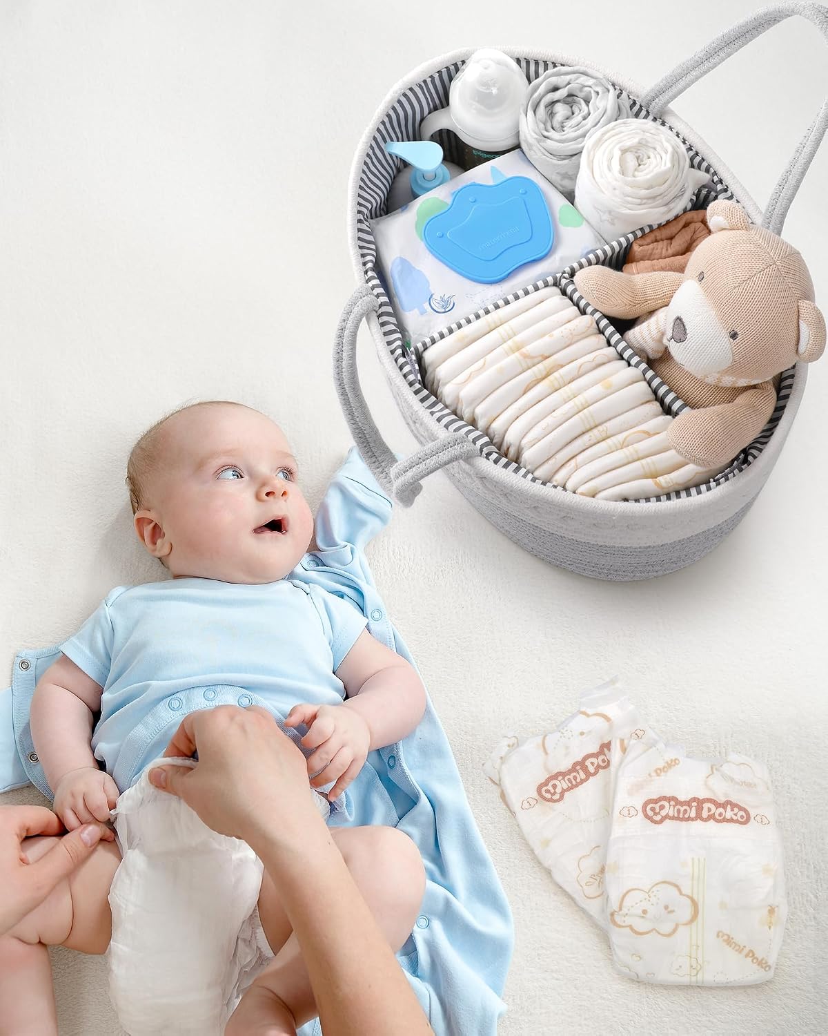Maliton Diaper Caddy Organizer for Baby, Cotton Rope Baby Gift Basket, Portable Diaper Organizer for changing table, Nursery Storage Organizer