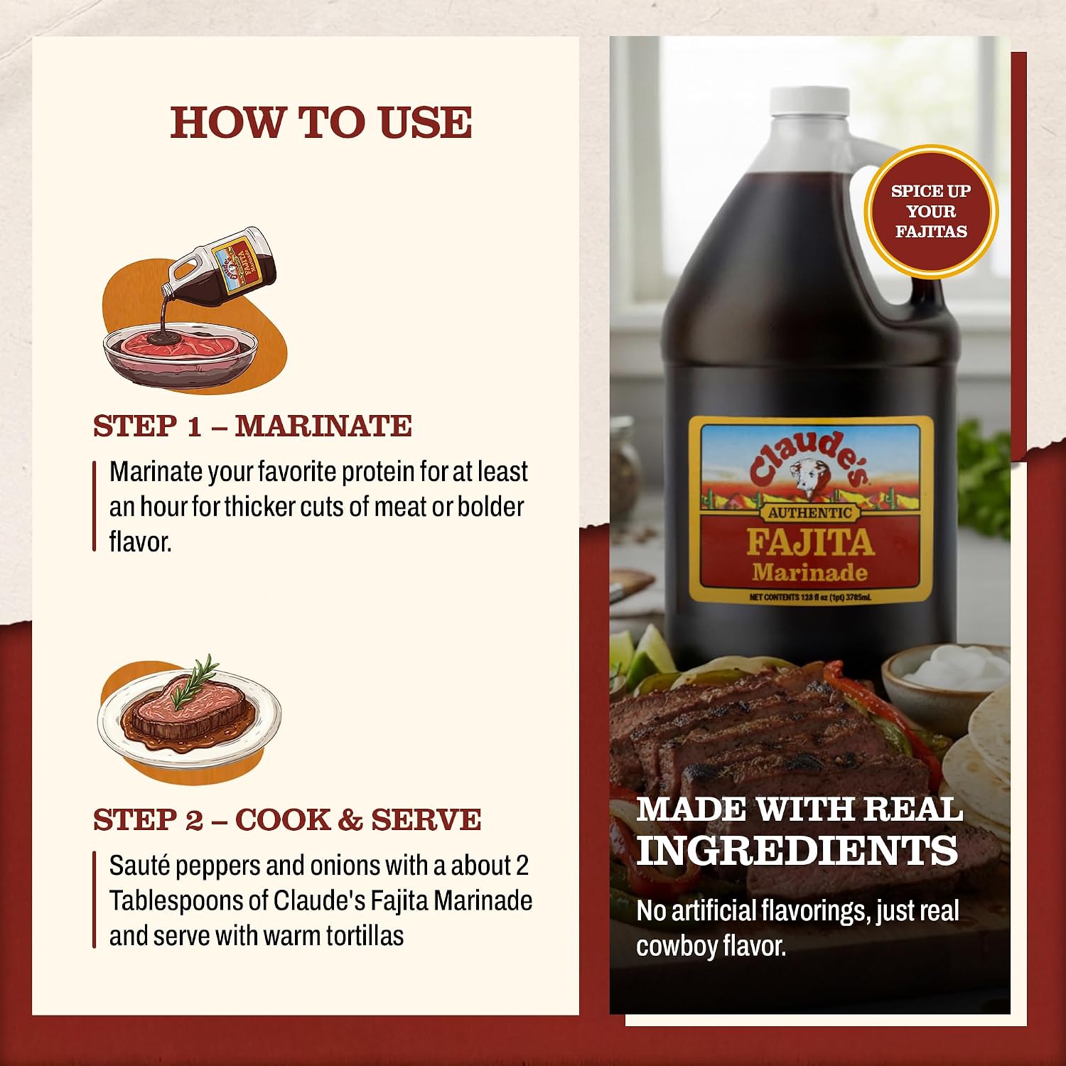 Claude's BBQ Brisket Marinade Sauce, Gluten Free Texas Style, 128 oz | Restaurant-size gallon of smoky Texas tenderizing brisket marinade - all natural & gluten free.