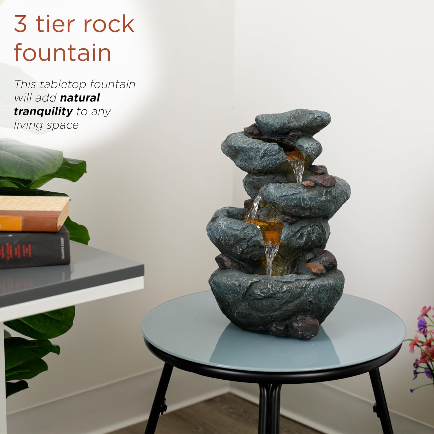 Alpine Corporation 13" Tall Indoor Tabletop Water Fountain, 4 Tier Cascading Water Feature with LED Lights for Home, Office, Living Room, or Zen Decor, Gray