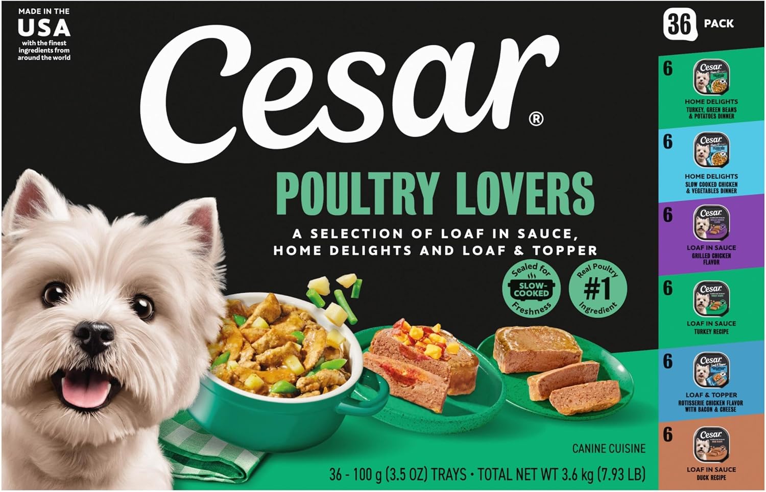 Cesar Wet Dog Food, Steak Lovers Variety Pack, 3.5 oz, 36 Count | Real meat #1 ingredient, easy peel trays, 100% complete & balanced, no fillers, no added sugar, no artificial flavors