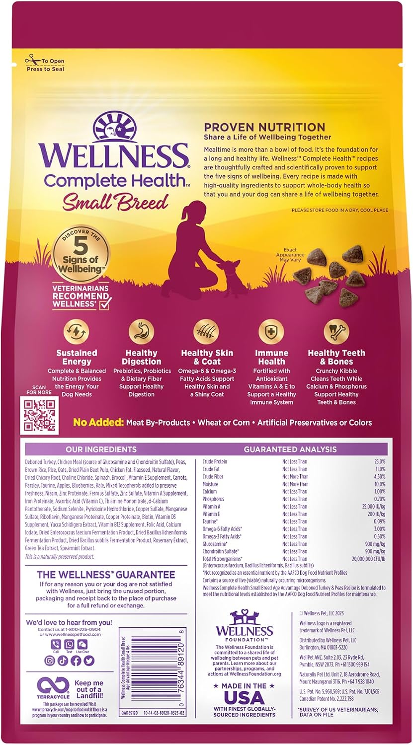 Wellness Complete Health Small Breed Adult Dry Dog Food, Wholesome Grain Kibble, Natural, Turkey and Oatmeal Recipe, 4 lb Bag