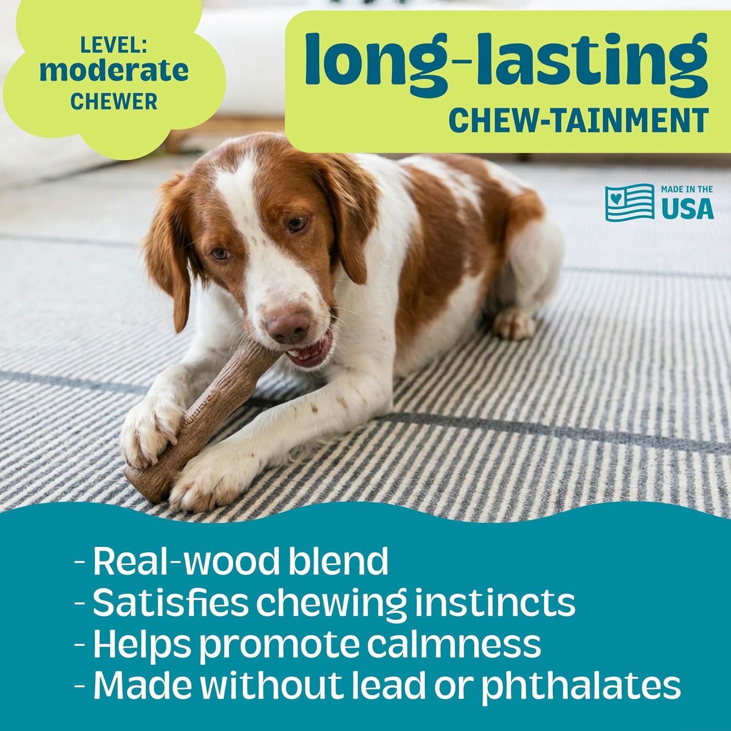 Pupstages Dogwood Dog Chew Toy, Made in the USA – Real-Wood Blend, Natural Flavor & Texture, Moderate Chewers, Small, 5.4"