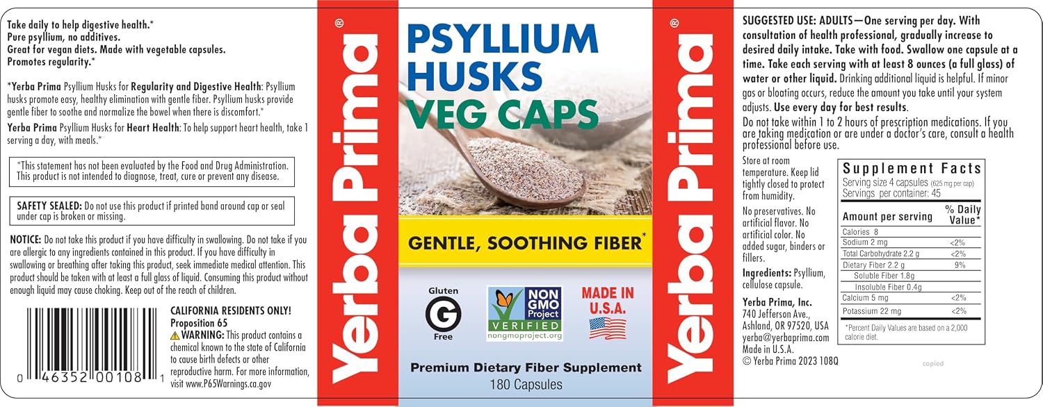 Yerba Prima Psyllium Husks Fiber Veg Caps - 180 (Pack of 2)