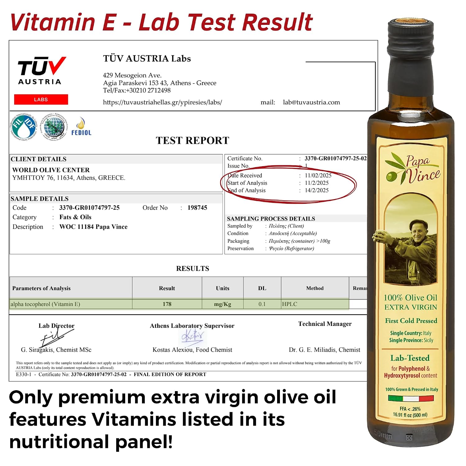 Papa Vince Olive Oil Extra Virgin - First Cold Press, Sicily, Italy | Buttery, smooth, gentle peppery finish - unrefined, unblended