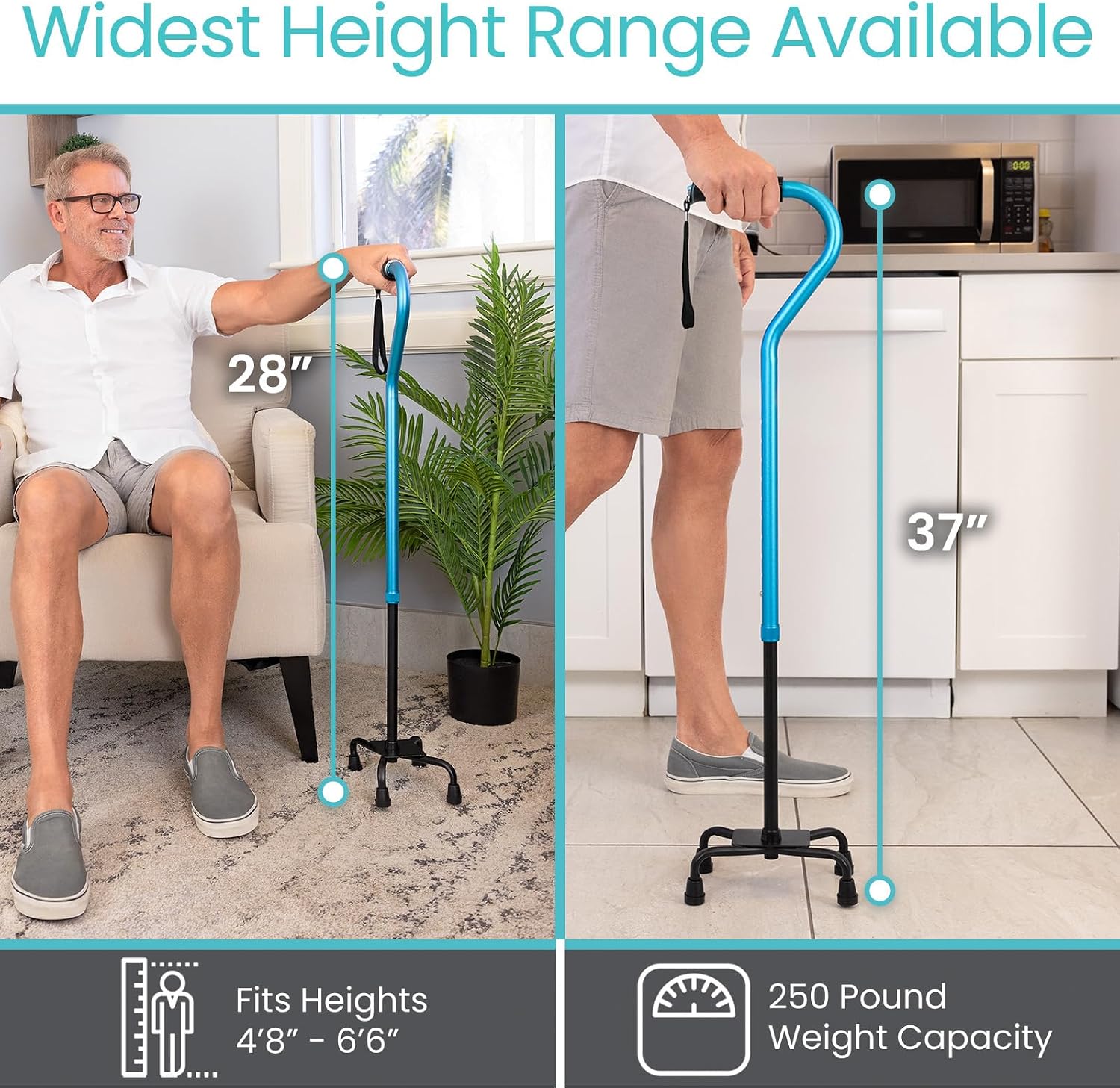Vive Quad Cane - Walking Stick for Men and Women - Lightweight Adjustable Staff - Comfortable Right and Left Hand Grip for Stability Support - Four Prong Sturdy Aluminum Travel Aid - 4 Tip Blue | Senior 4 Prong Walking Stick for Stability & Balance- Righ…