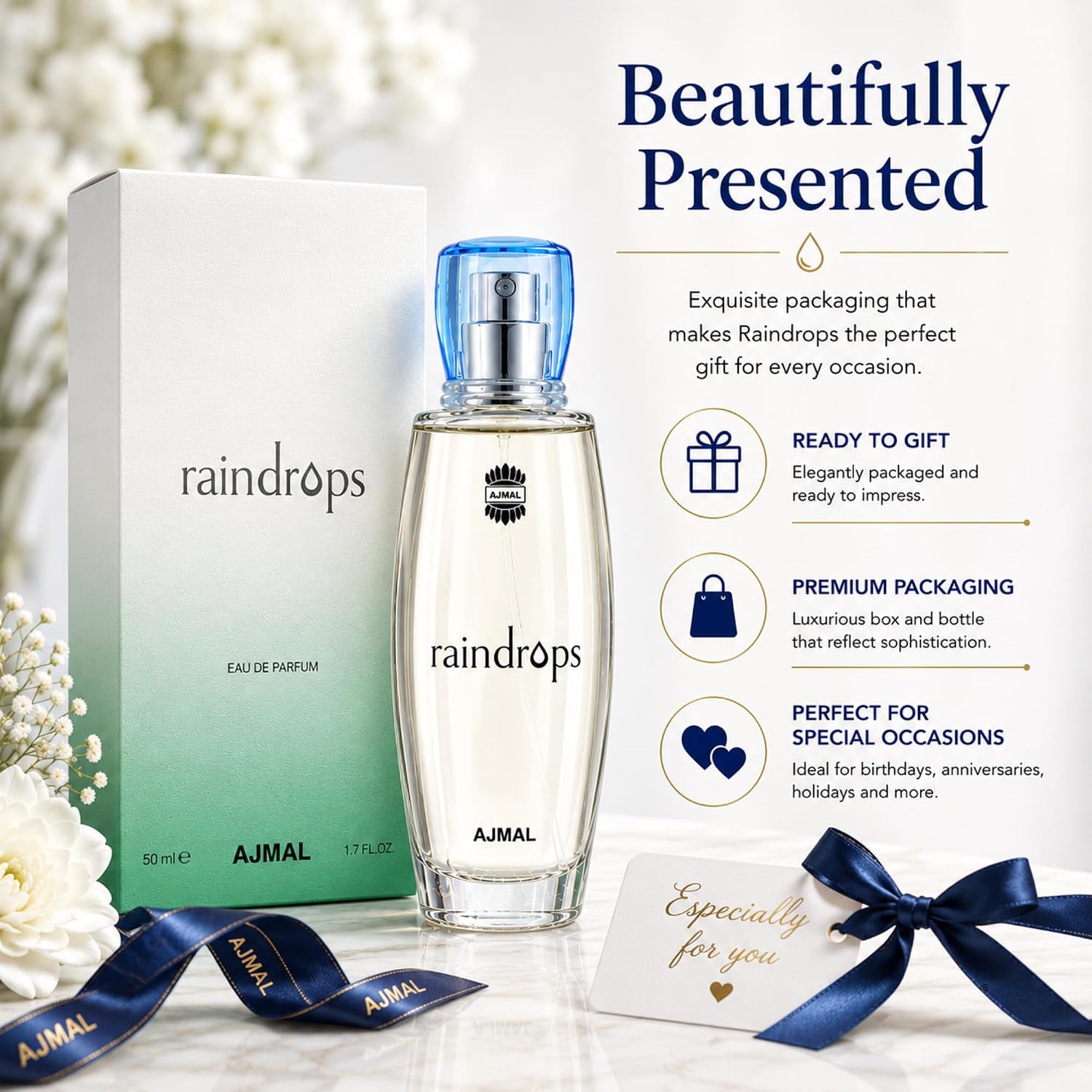 Ajmal Rain Drops EDP for Women, 1.7 fl oz / 50 ml | Fresh floral and fruity inspired by ocean breeze. Long-lasting and ideal for everyday elegance.