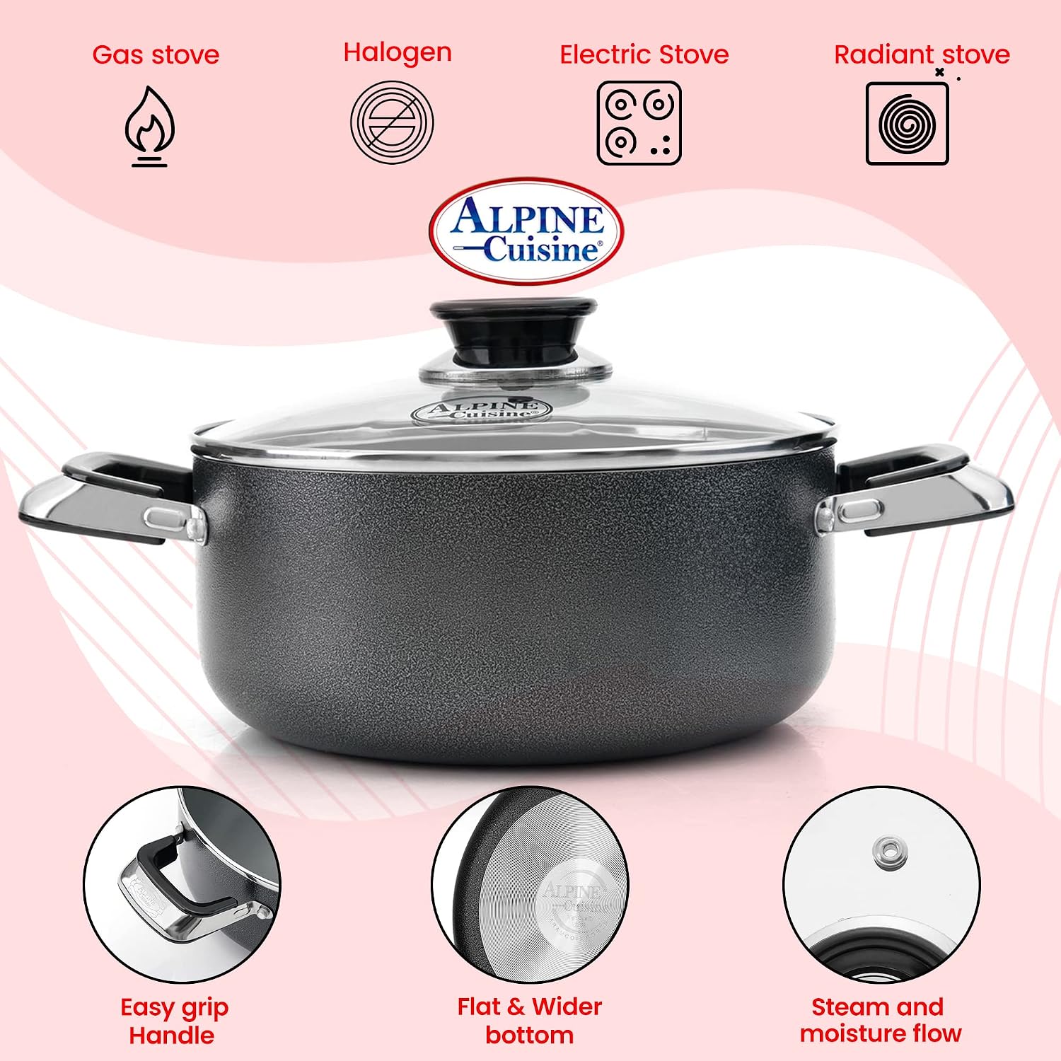 Alpine Cuisine 4 Quart Non-stick Stock Pot with Tempered Glass Lid and Carrying Handles, Multi-Purpose Cookware Aluminum Dutch Oven for Braising, Boiling, Stewing