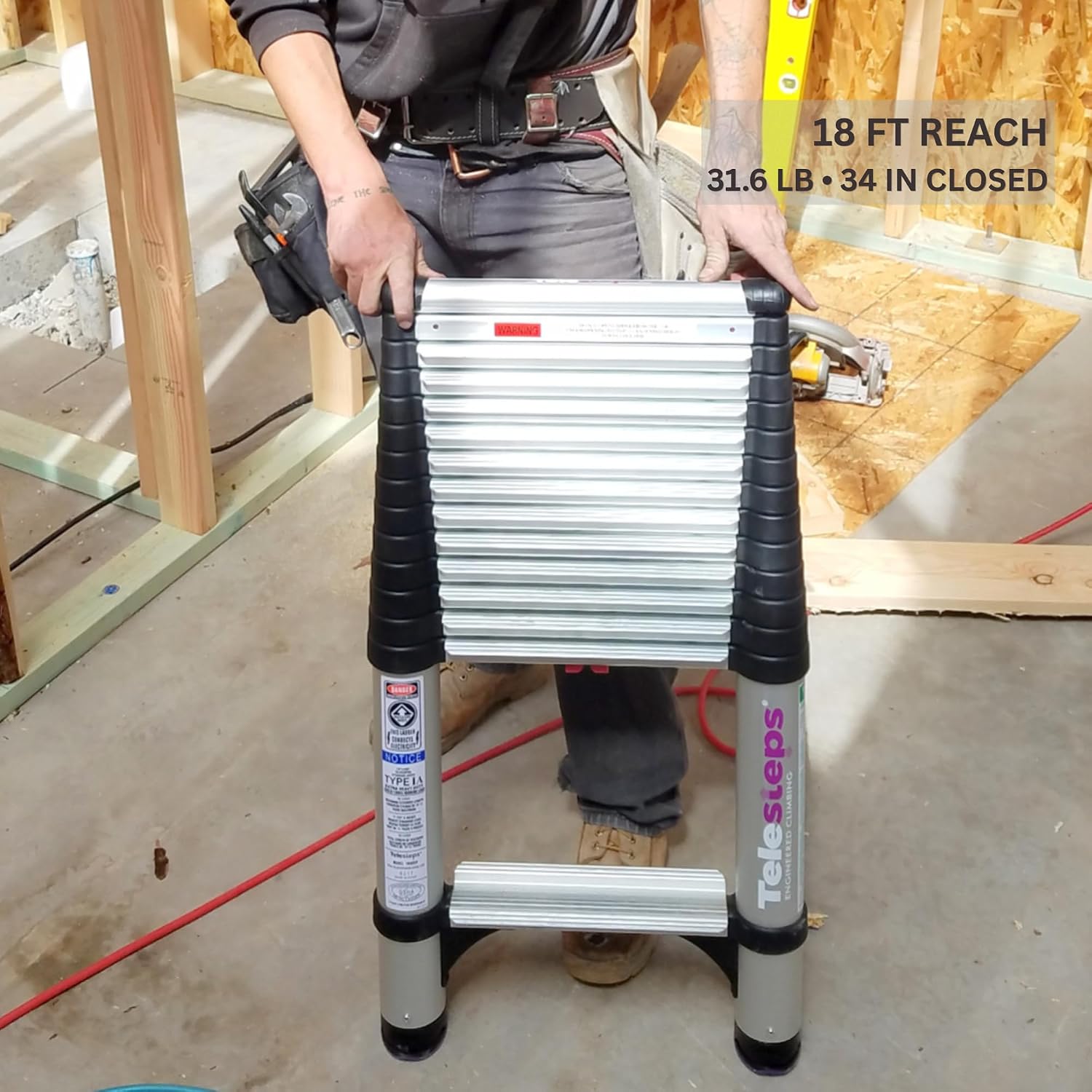 Telesteps 1800EP Pro Series Wide Step Telescoping Extension Ladder – 14.5 ft Height, 18 ft Reach | Type 1A 300 lb Rated