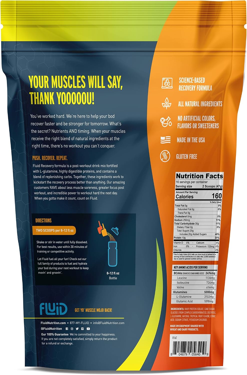 Fluid Recovery, Post-Workout Drink Mix, Whey Isolate Protein, L-Glutamine, Carbs, All Natural Ingredients, Gluten-Free, Lactose-Free (Tropical Fruit)