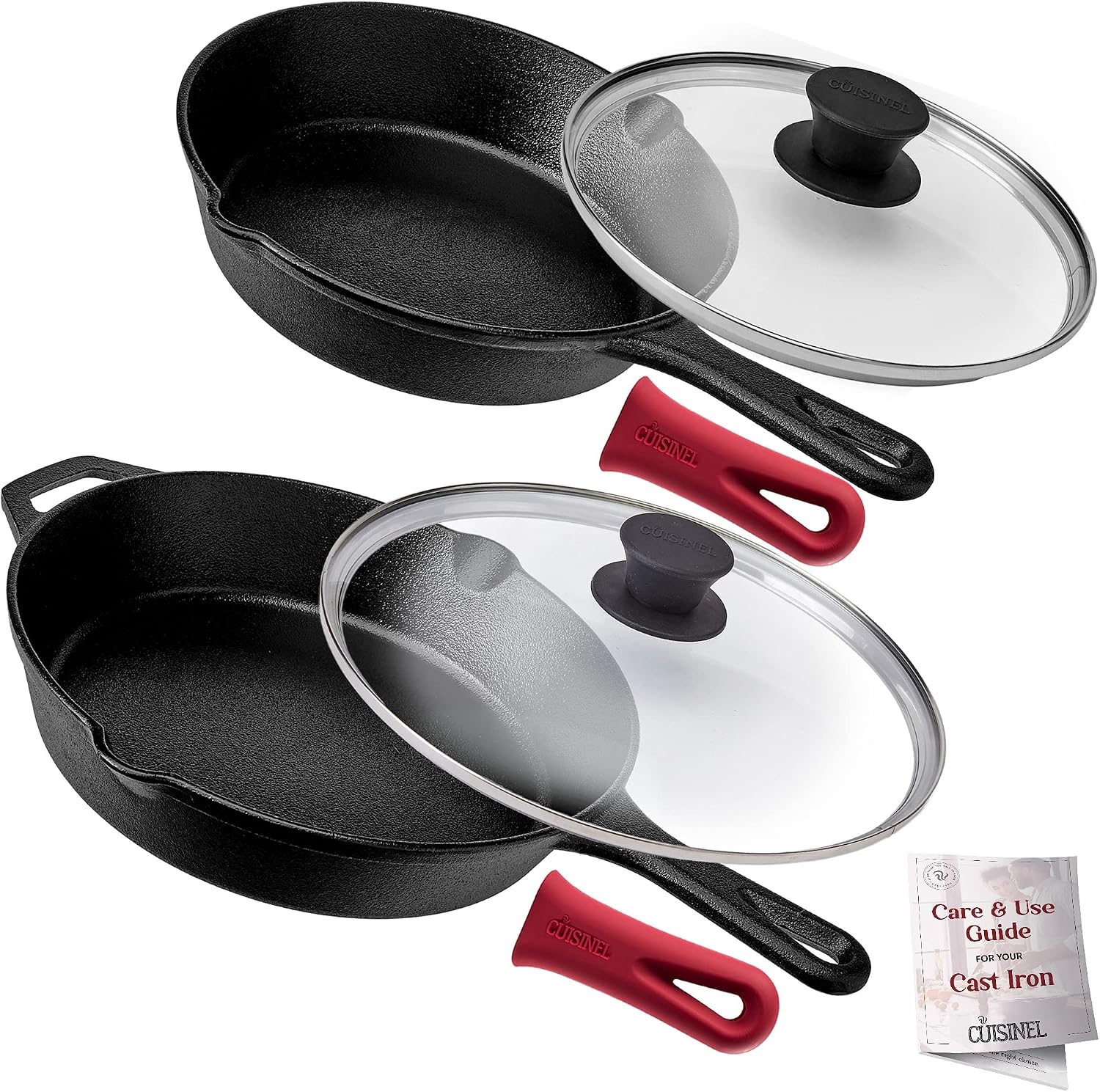Cuisinel Cast Iron Skillet with Lid - 10"-Inch Pre-Seasoned Frying Pan + Glass Cover + Heat-Resistant Handle Holder - Indoor/Outdoor Use - Grill, Stove, Camp Firepit, Induction - Oven Safe Cookware
