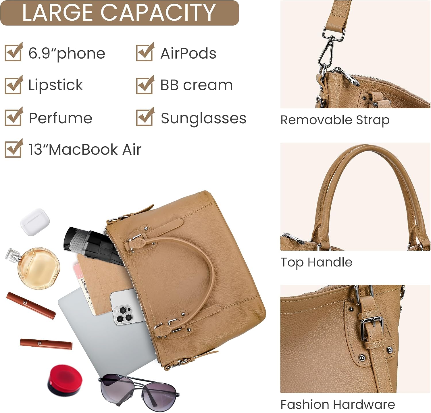 HESHE Leather Purses and Handbag for Women Shoulder Bag Tote Top Handle Bag | Genuine Designer Large Capcity Hobo Crossbody Satchel Travel Work Ladies Zippered Ladies Daily Bag Adjustable Long Strap