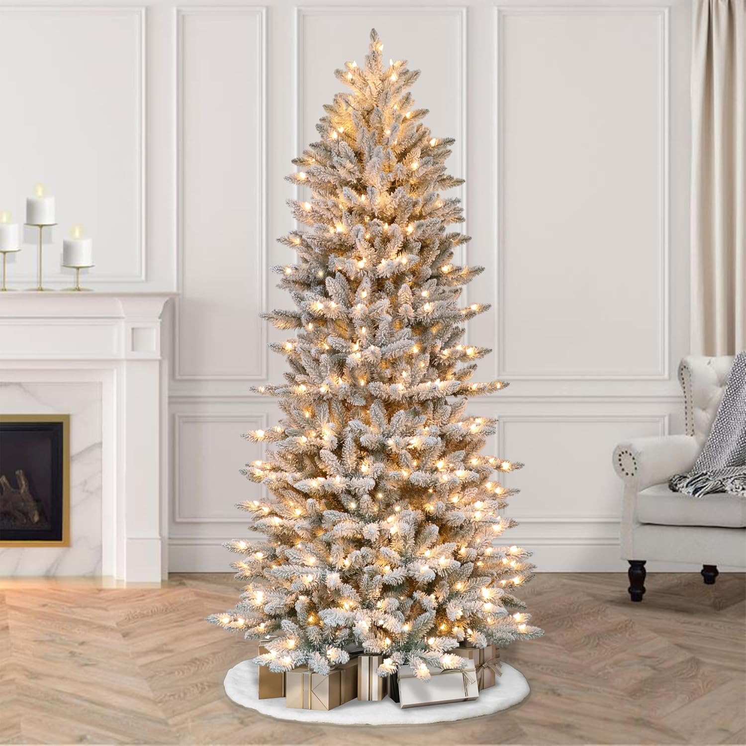 Puleo International 7.5 Foot Pre-Lit Slim Flocked Fraser Fir Artificial Christmas Tree with 500 UL Listed Clear Lights