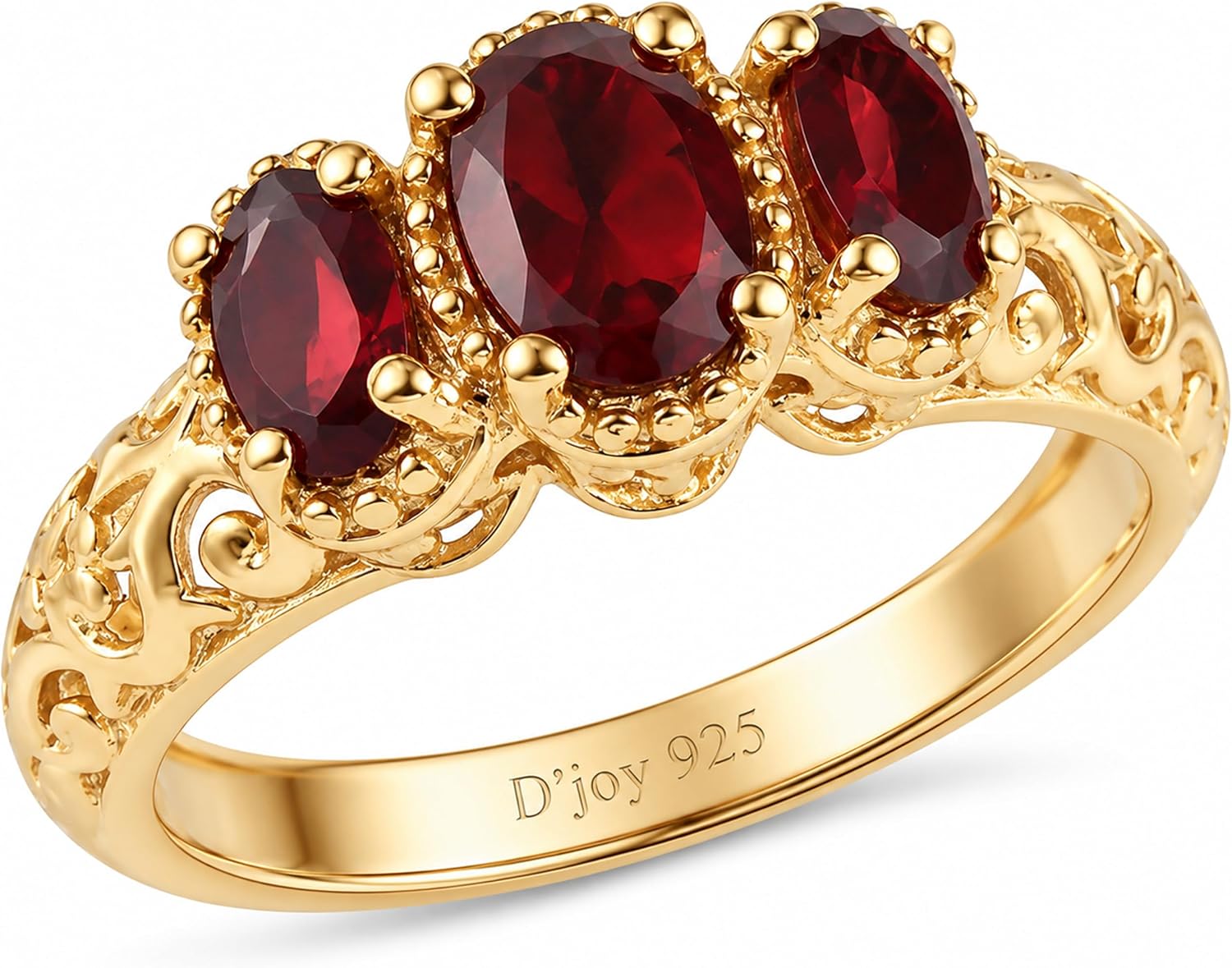 3 Stone Garnet Ring Silver with 14K Gold Plating January Birthstone Ring