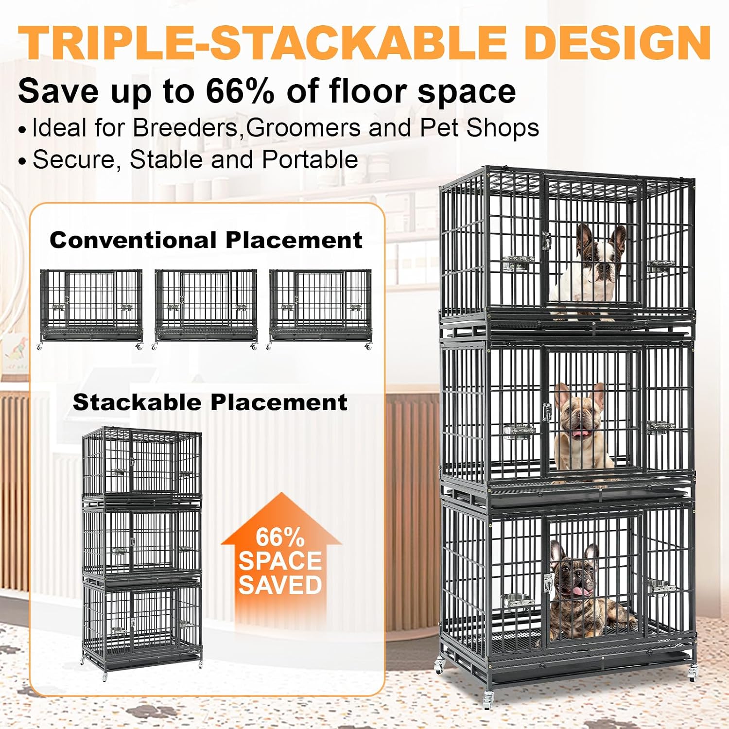 Homey Pet Three Tiers 43 inch Heavy Duty Dog Crate with Wheels, Dual Doors | Stackable Indestructible Steel Dog Cage Kennel Indoor with Divider, Trays, Bowls, Escape Proof Locks for Breeders and More