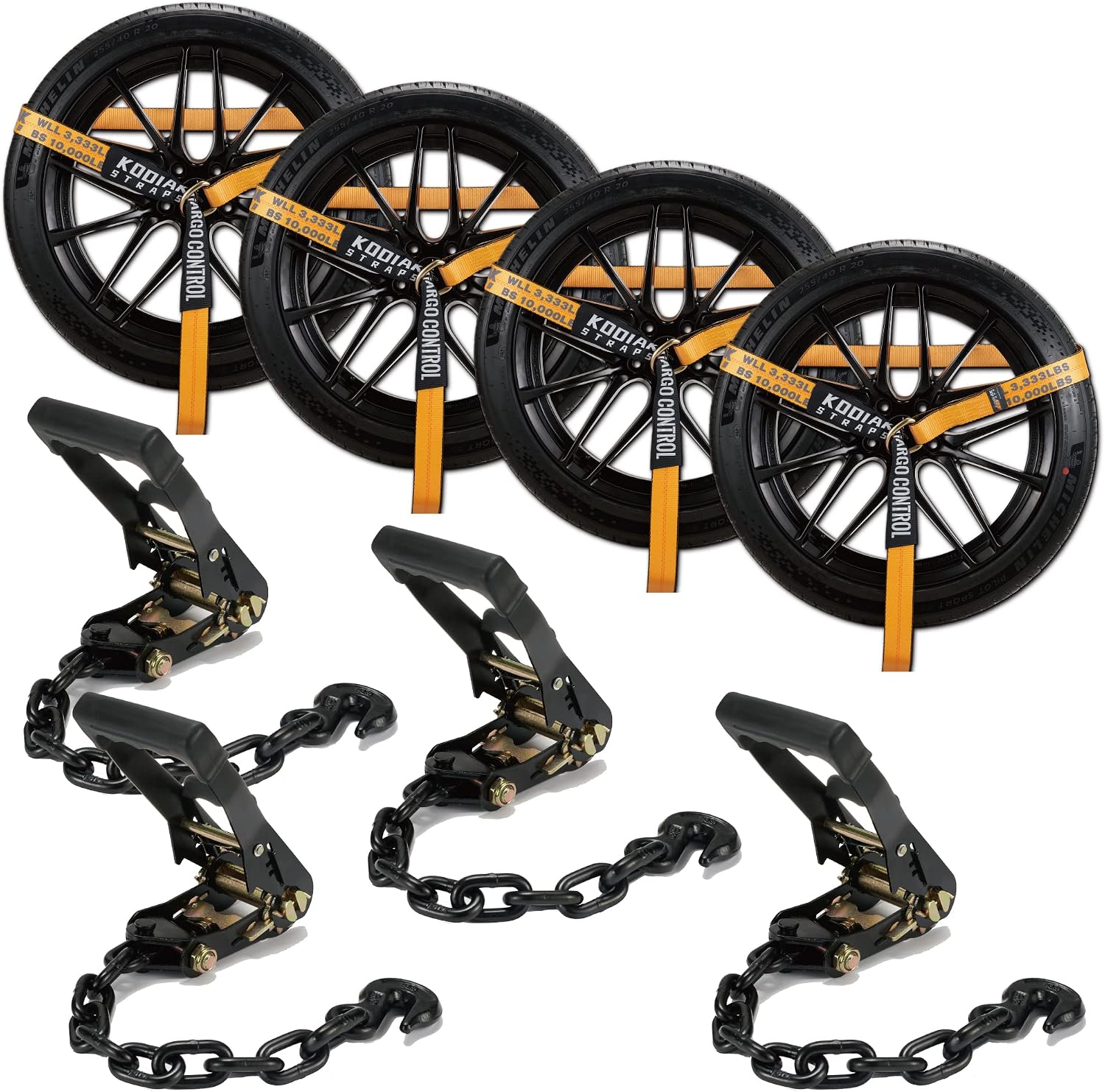 Adjustable Vehicle Tire Tie Down Straps Kit– 4pk Heavy Duty Tire Straps with Snap Hooks 10