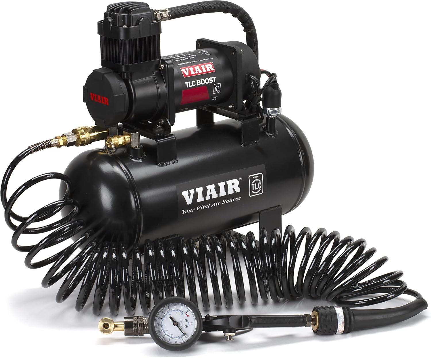 VIAIR TLC BOOST Air Compressor Source Kit – 120 PSI Stationary Tire Inflator with 1.5 Gallon Tank, Presta Valve Chuck, Inflation Tips & 30ft Coil Hose – For Air Tools, DIY Projects & Mobile Shops