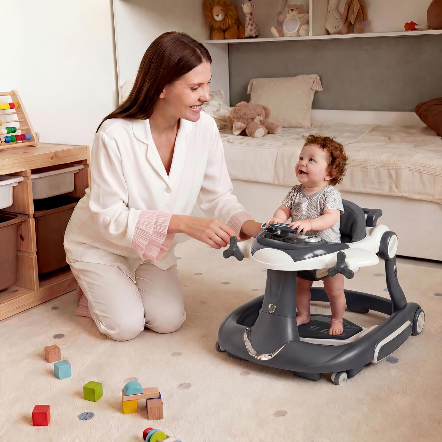 7 in 1 Foldable Baby Walker, Rock/Push Mode/Activity Center, Green | Adjustable Height & Speed, Music, Lights, Footrest, Detachable Play Toy Panel, Walker with Wheels for Infants 7-18 Months