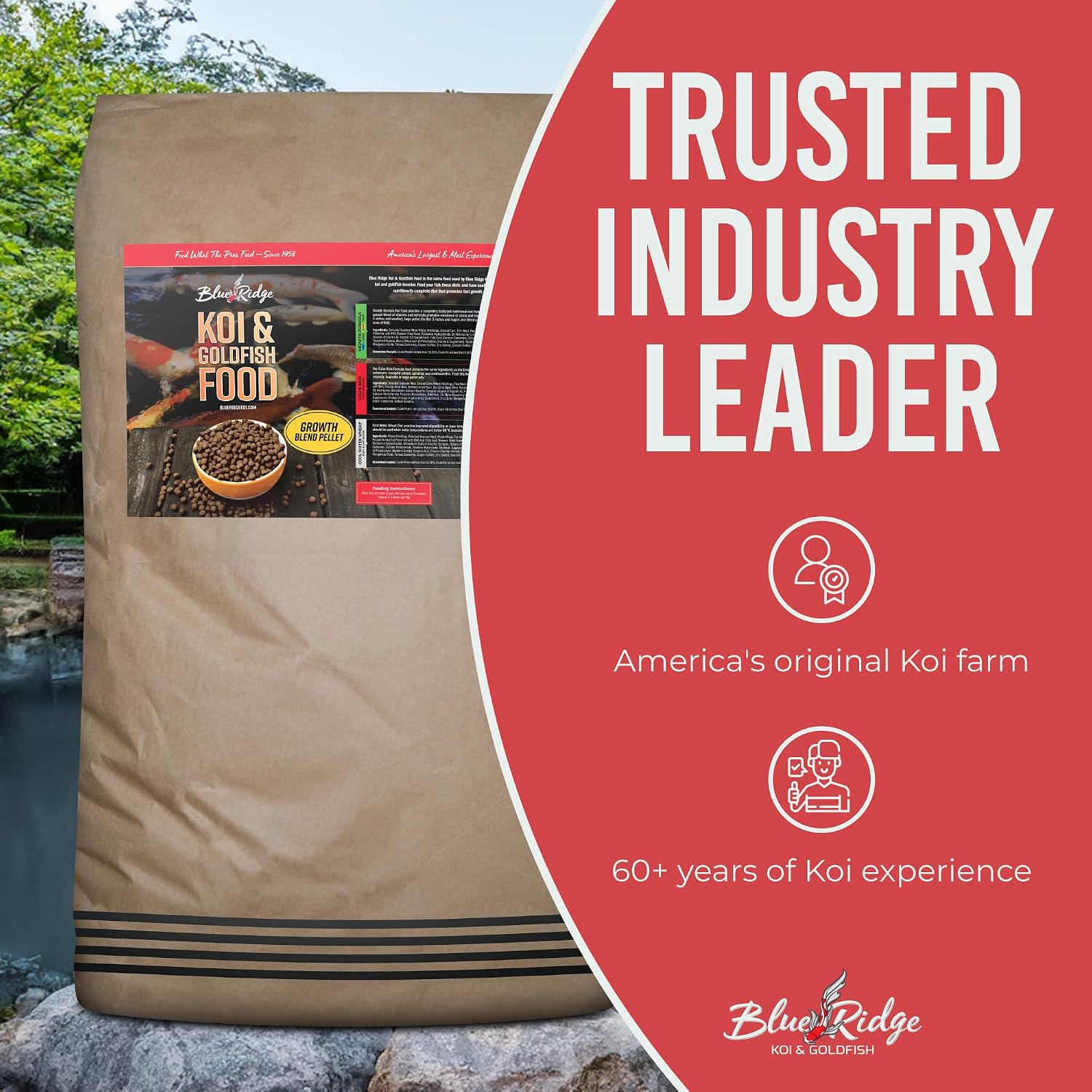 Blue Ridge Koi Fish Food 2lb - Koi Food 3/16” Large and Mini Blend Growth Formula, Goldfish Food, Premium Fish Food for Ponds, Ponds Fish Food, Floating Pond Pellets