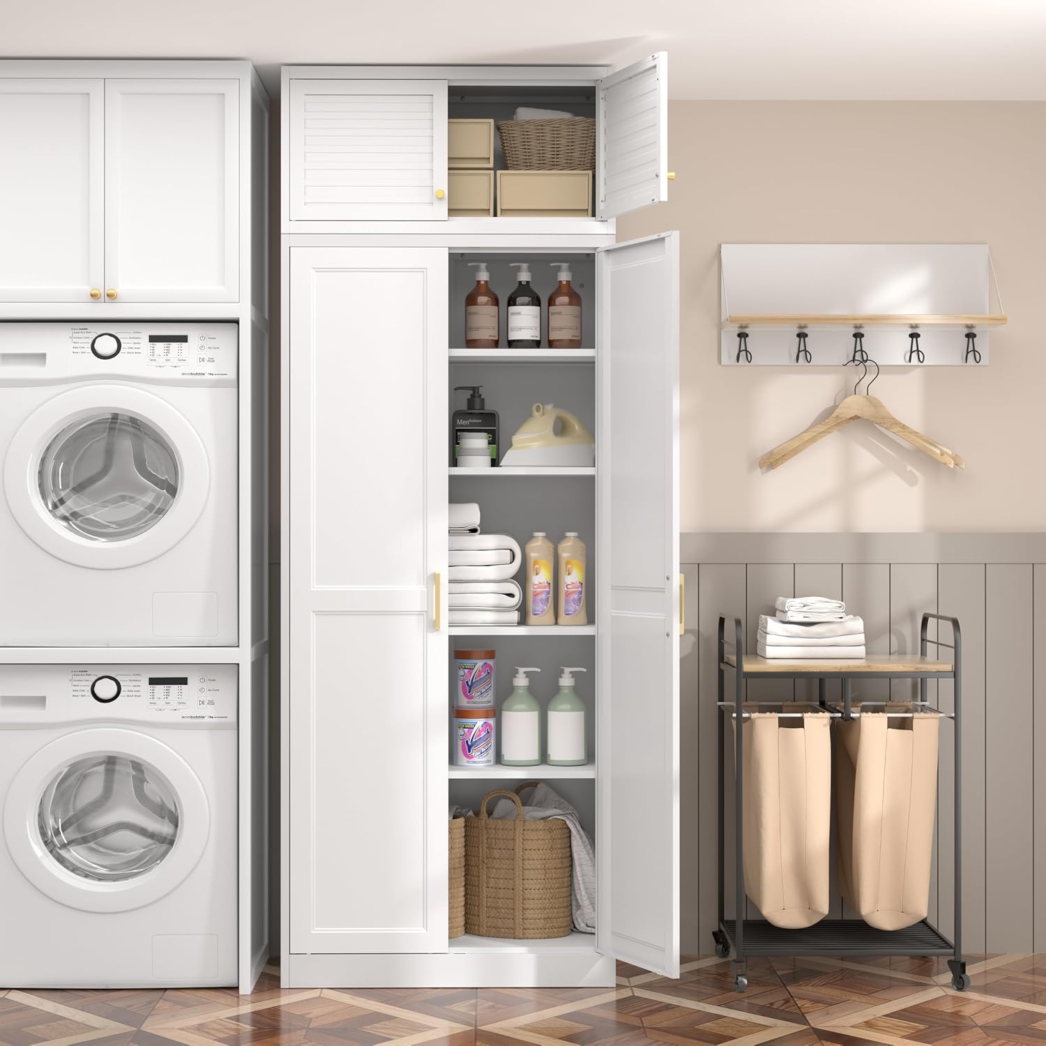 Steeloong 71"Metal Pantry Storage Cabinet with Doors & 4 Adjustable Shelves | Kitchen Pantry Cabinet,White Kitchen Cabinet with 2 Gold Handles,Tall Cabinet for Livingroom,Pantry, Bathroom,Kitchen