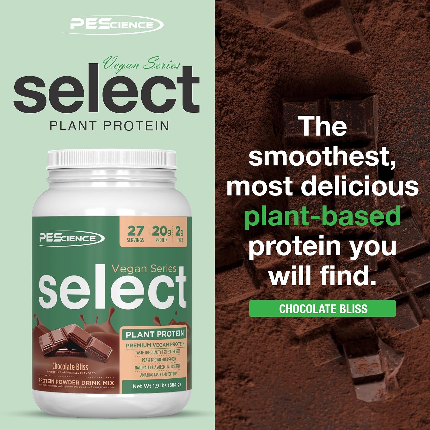 PEScience Select Vegan Protein Powder, Peanut Butter Delight, 27 Servings | Plant Based Protein Powder, Pea and Brown Rice Blend, Dairy Free, Lactose Free, Gluten Free