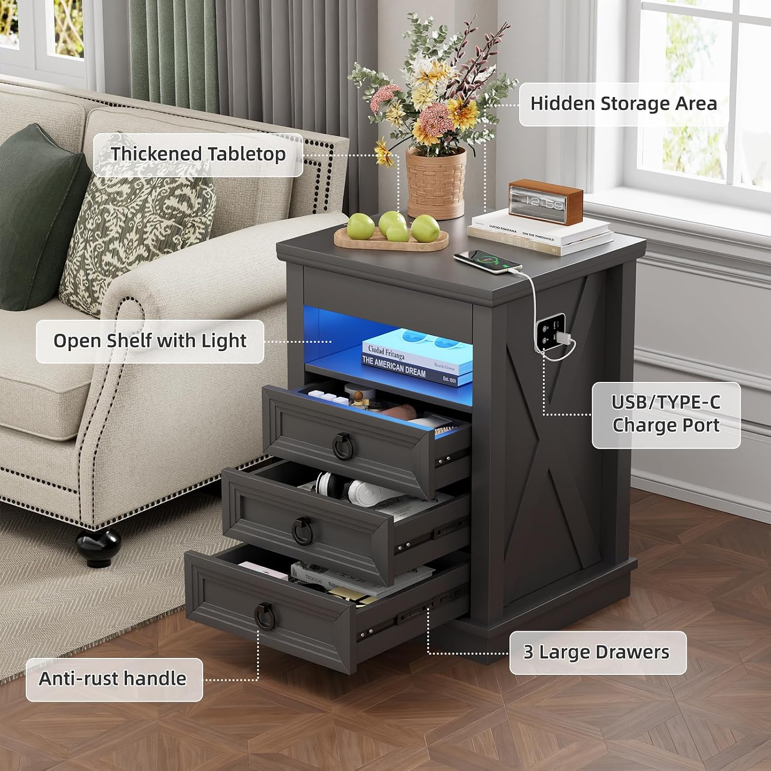 Smart LED Nightstand with Lockable Gun Drawer & Glass Top（Black） | Modern Bedside Table with Charging Station and Hidden Storage, LED Night Stand with 4 Drawers & Motion Sensor for Bedroom