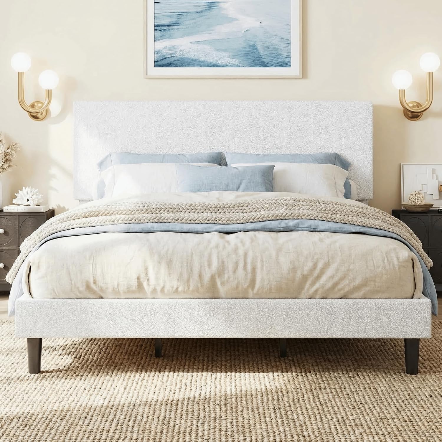 SHA CERLIN Boucle Upholstered Queen Size Bed Frame, White | Platform Bed with Adjustable Headboard, Wooden Slats Support, No Box Spring Needed, Noise-Free, Easy Assembly