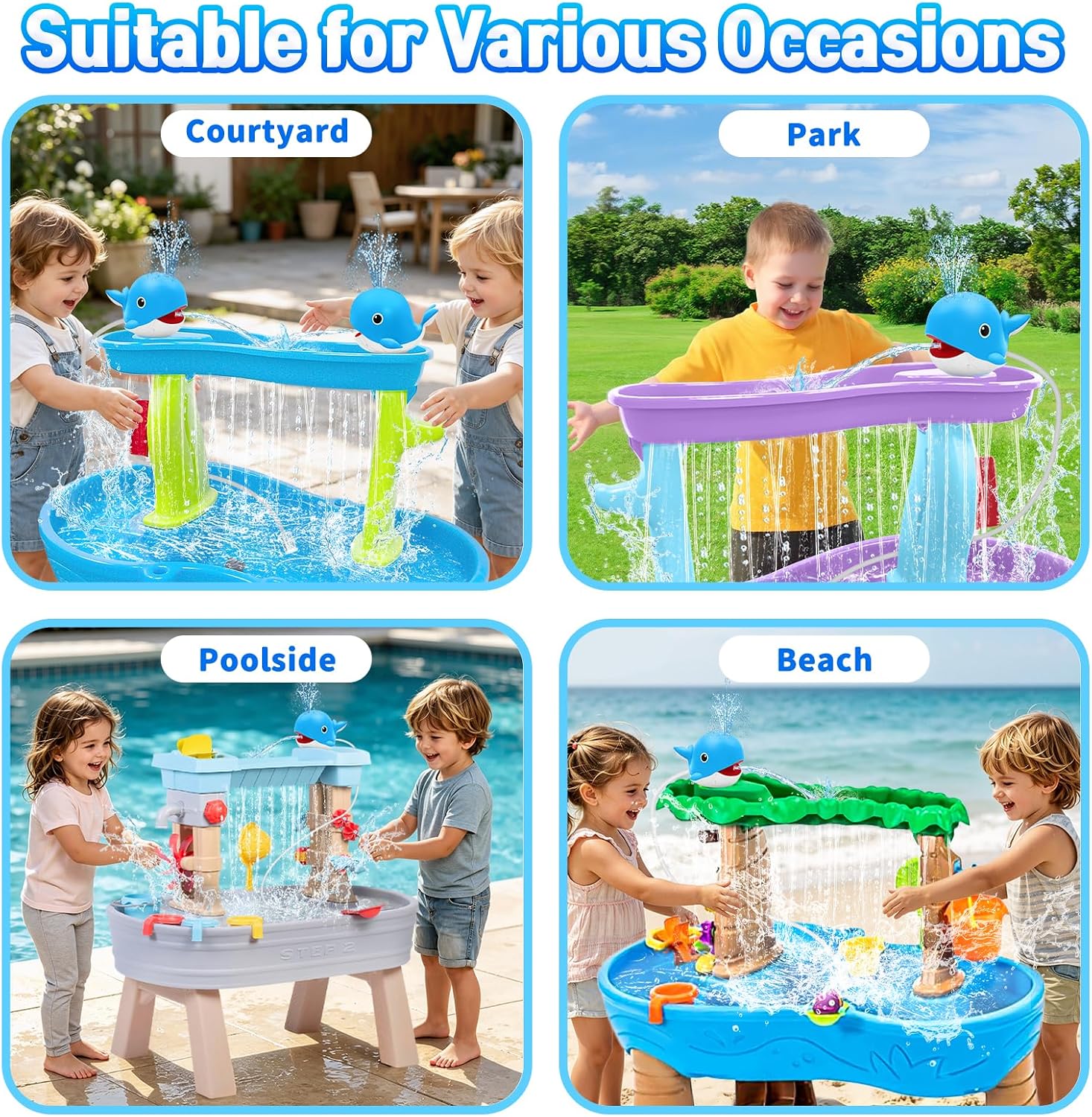 Water Table Pump, Rechargeable Water Pump for Water Table, 3.5 Hours Non-Stop Whale Pump with Sprinkler Outdoor Games Water Toys for Kids Toddlers, Outside Water Play Table Accessories (Blue)