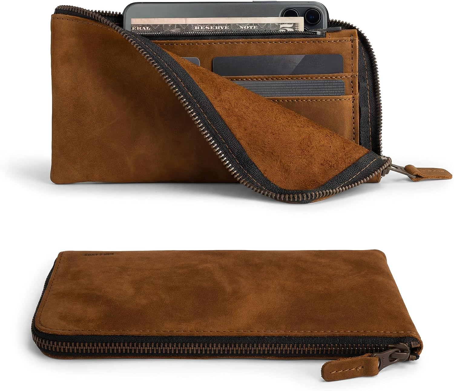 Hide & Drink, Leather Long Zippered Wallet, Holds Up to 8 Cards Plus Coins And Flat Bills, Phone Holder, Travel Essentials, Handmade (Bourbon Brown)