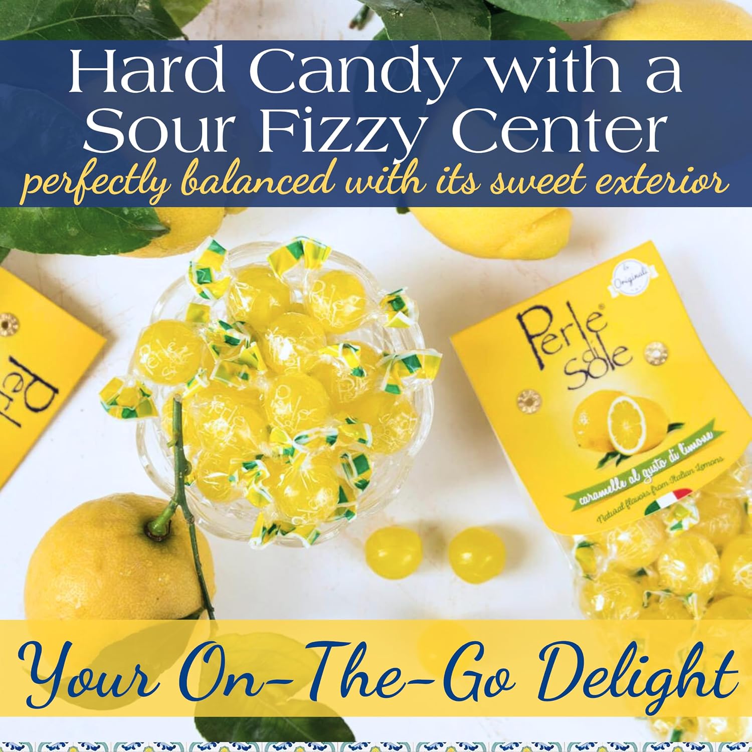 Perle di Sole Italian Lemon Drops Hard Candy Individually Wrapped (7.05 oz) Made with Essential Oils of Amalfi Coast P.G.I. Lemon - Italian Imported Gifts From Italy