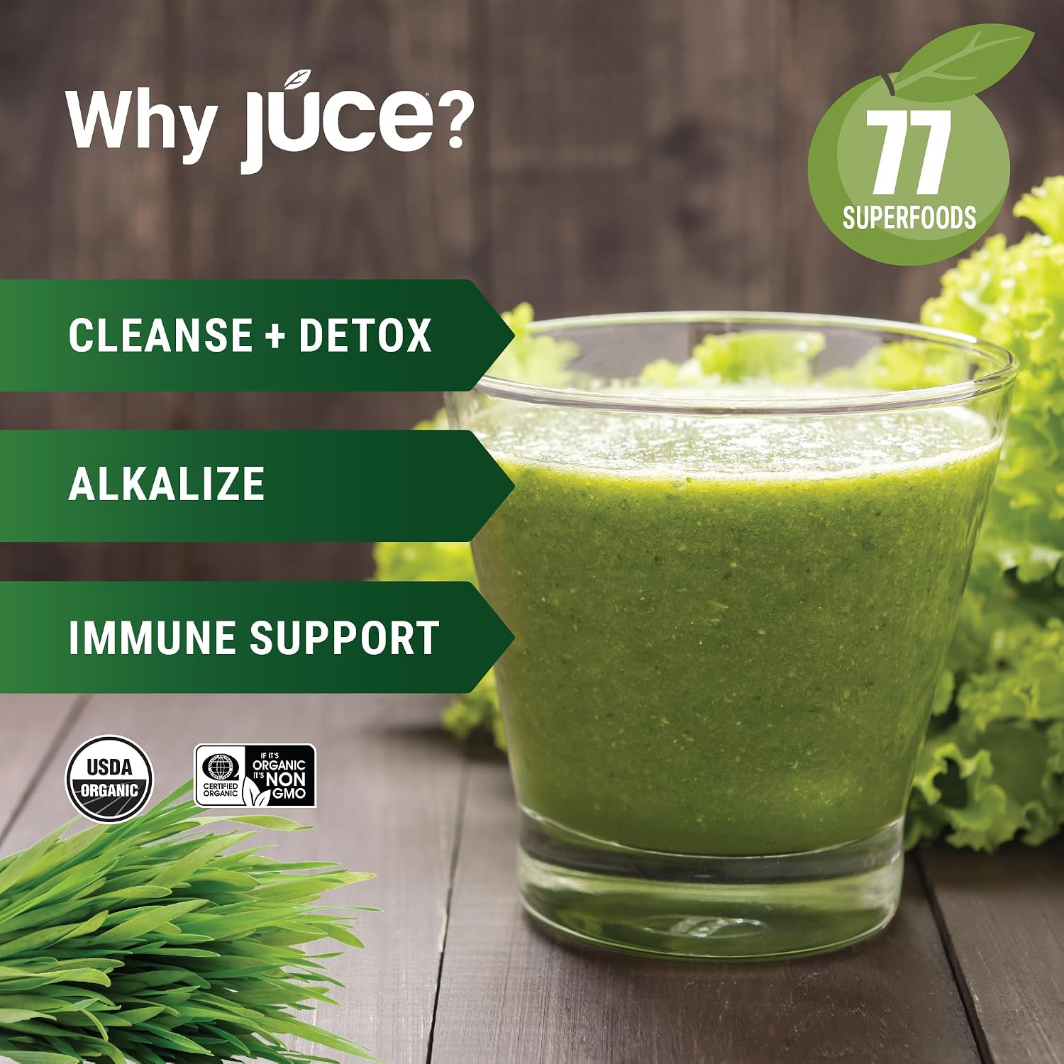 Juce Greens Organic Superfood Powder | 64 Superfoods | 20 Servings | Harvest Apple flavor | 6 adaptogenic mushrooms
