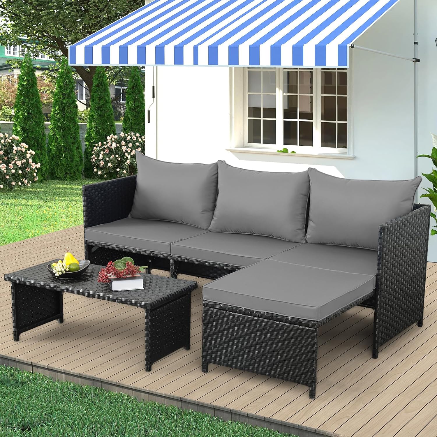 Valita 3-Piece Outdoor PE Rattan Furniture Set Patio Black Wicker Conversation Loveseat Sofa Sectional Couch Khaki Cushion