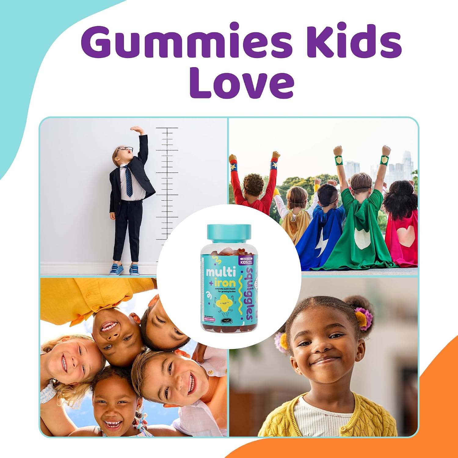 Squiggles Kids Multivitamin + Iron Gummies, Low Sugar Gummy Vitamins, 100ct | Kids Multivitamin with Iron Gummies