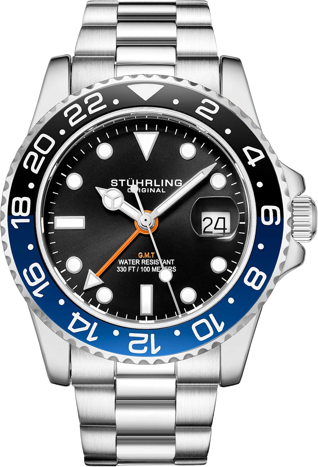 Stuhrling Original Men's Stainless Steel GMT Watch Quartz - 42mm Quartz Analog Wrist Watch for Men, Mens Quartz Watch, Stainless Steel Case