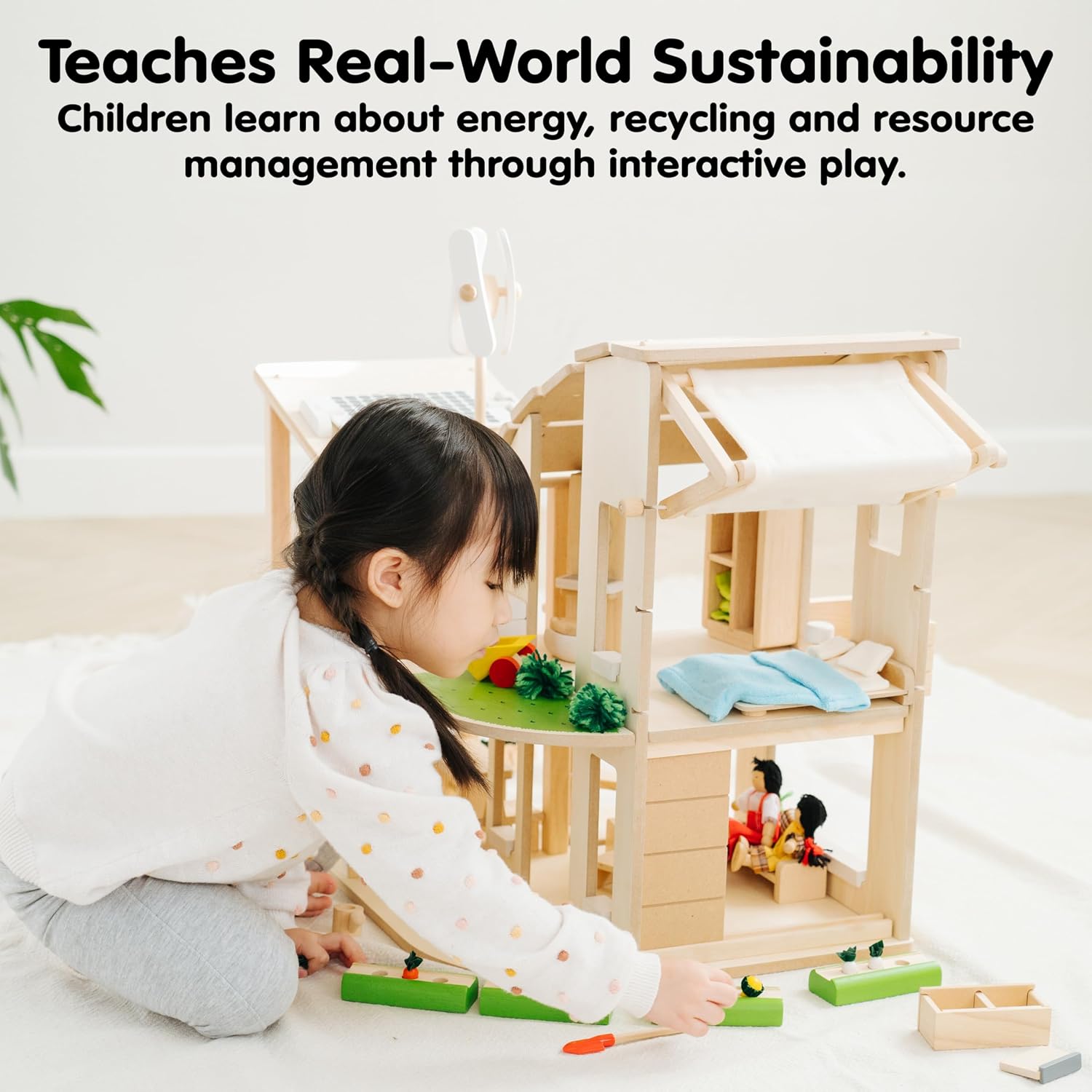 PlanToys® Green Wooden Dollhouse with Solar Panel, Wind Turbine & Furniture | recycling system, eco-friendly doll house, sustainable pretend play, kids, girls, environmental learning gift for boys