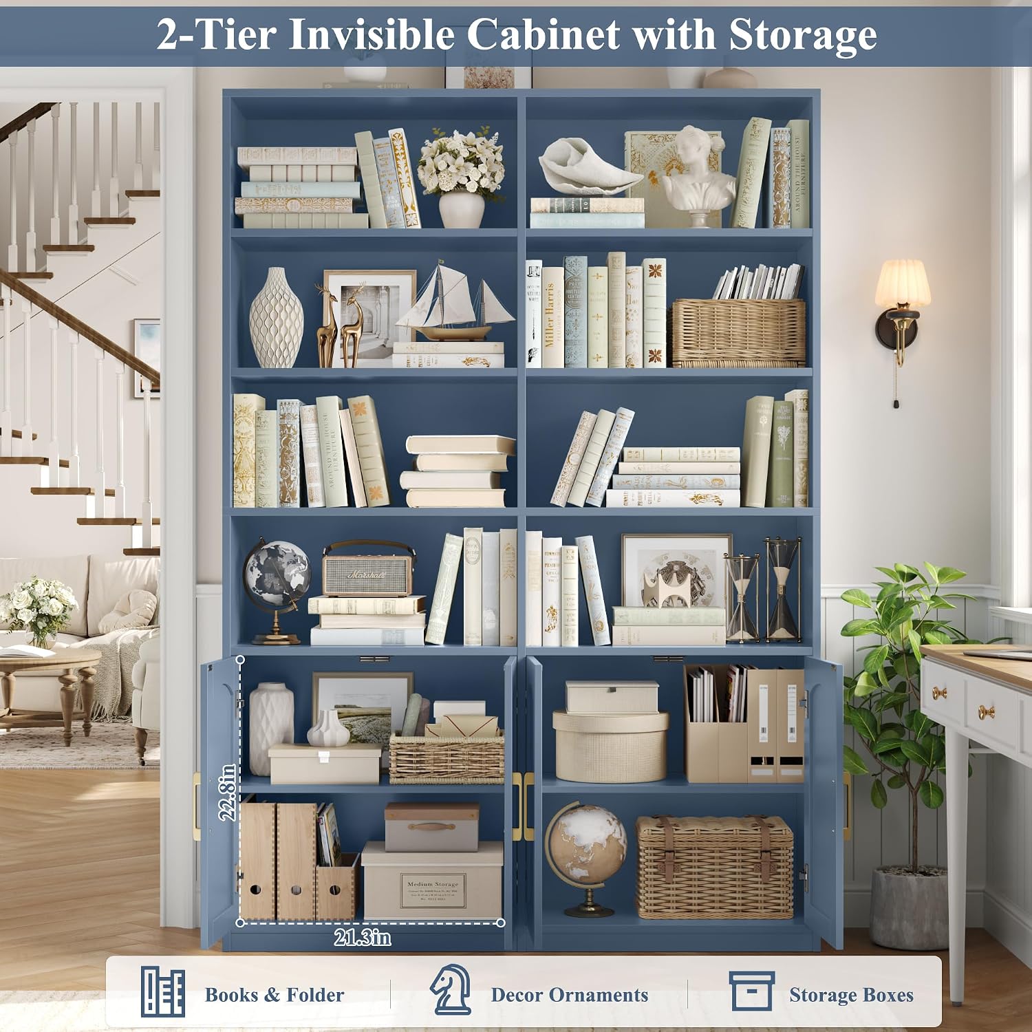 Bookshelf and Bookcase with Doors, Double Wide Large Bookshelves | Industrial Open Display Shelves 6 Tier, 73'' Tall Bookshelf with Storage Cabinets for Office,Home, Living Room, Library,White