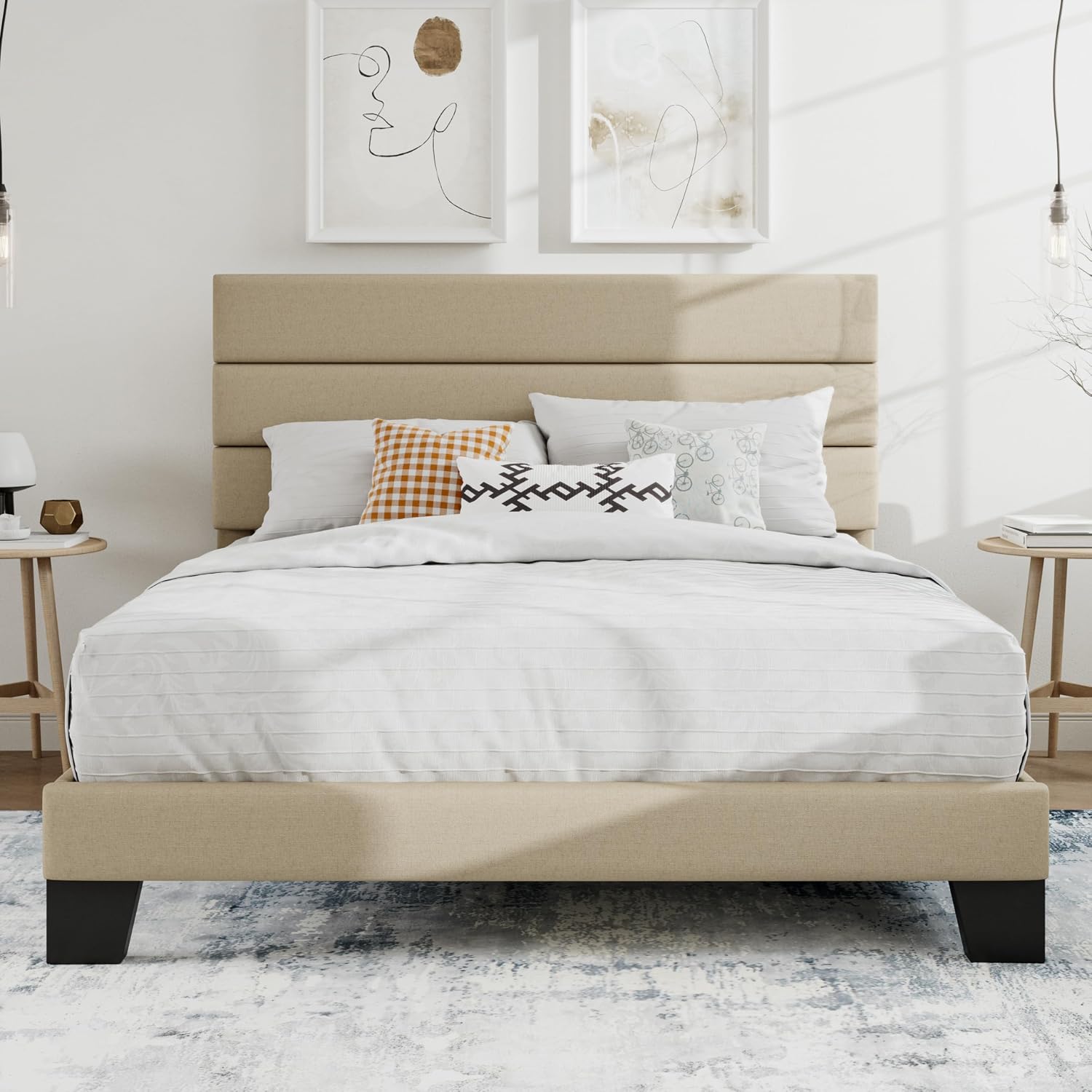 SHA CERLIN Full Platform Bed Frame with Upholstered Fabric Headboard, Grey