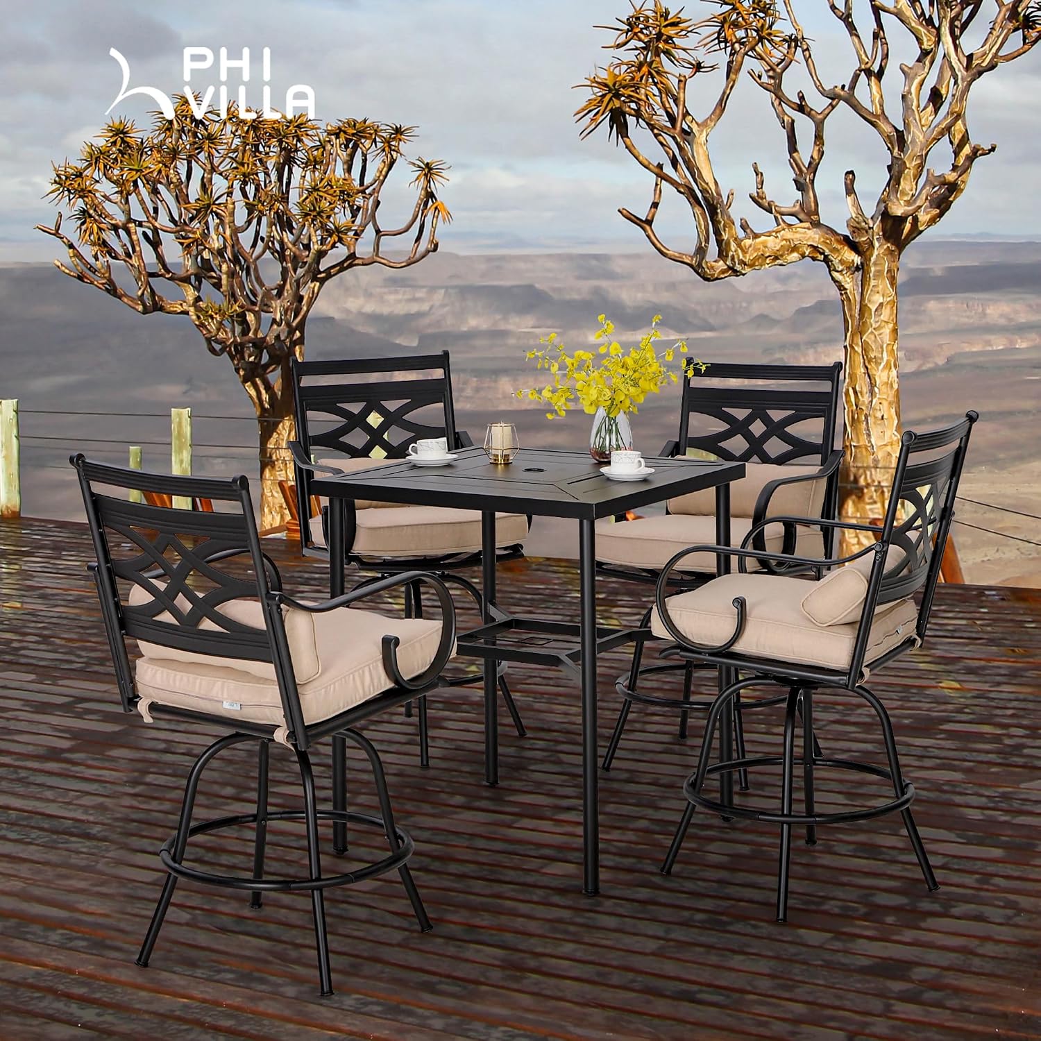 PHI VILLA Outdoor Bar Set 3 PCS Patio Bistro Table & Swivel Stools