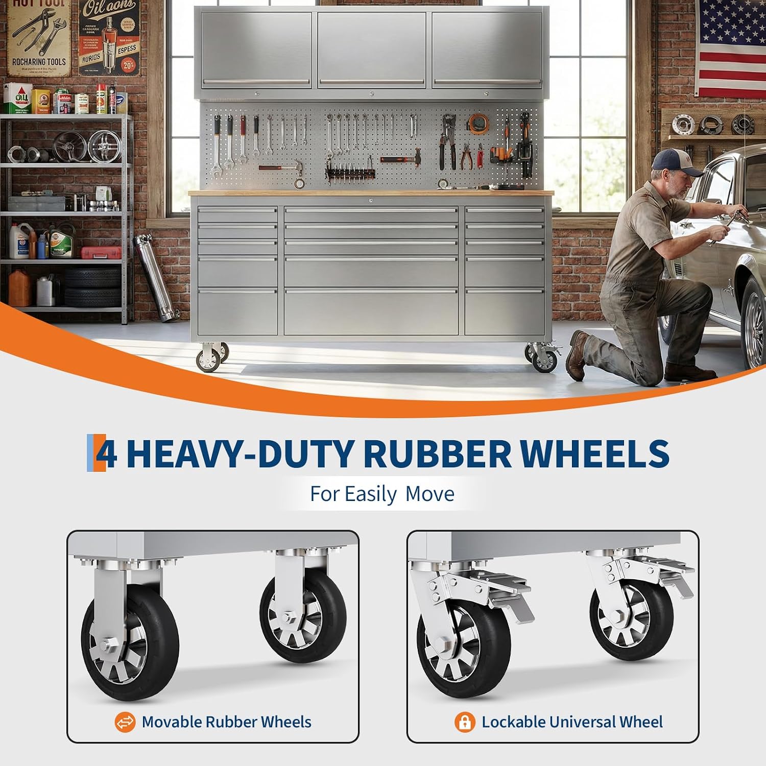 72" Heavy-Duty Rolling Tool Chest & Workbench with 15 Drawers, Steel Rubber Wood Top on Wheels, Key Locking System, Drawer Liners for Garage Warehouse Repair Shop, Black Storage Cabinet.
