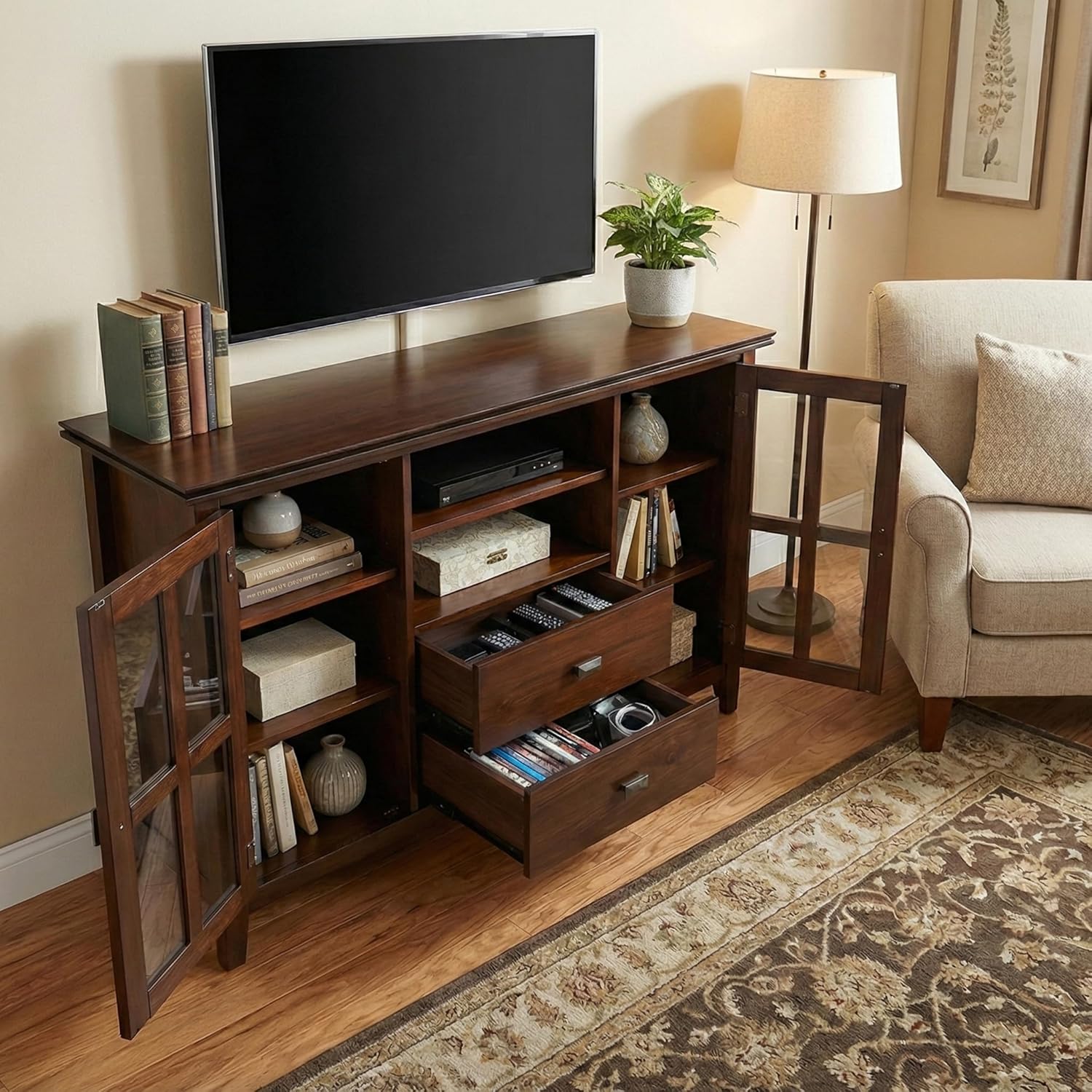 SIMPLIHOME Artisan 53" Wide Solid Wood TV Stand in Russet Brown
