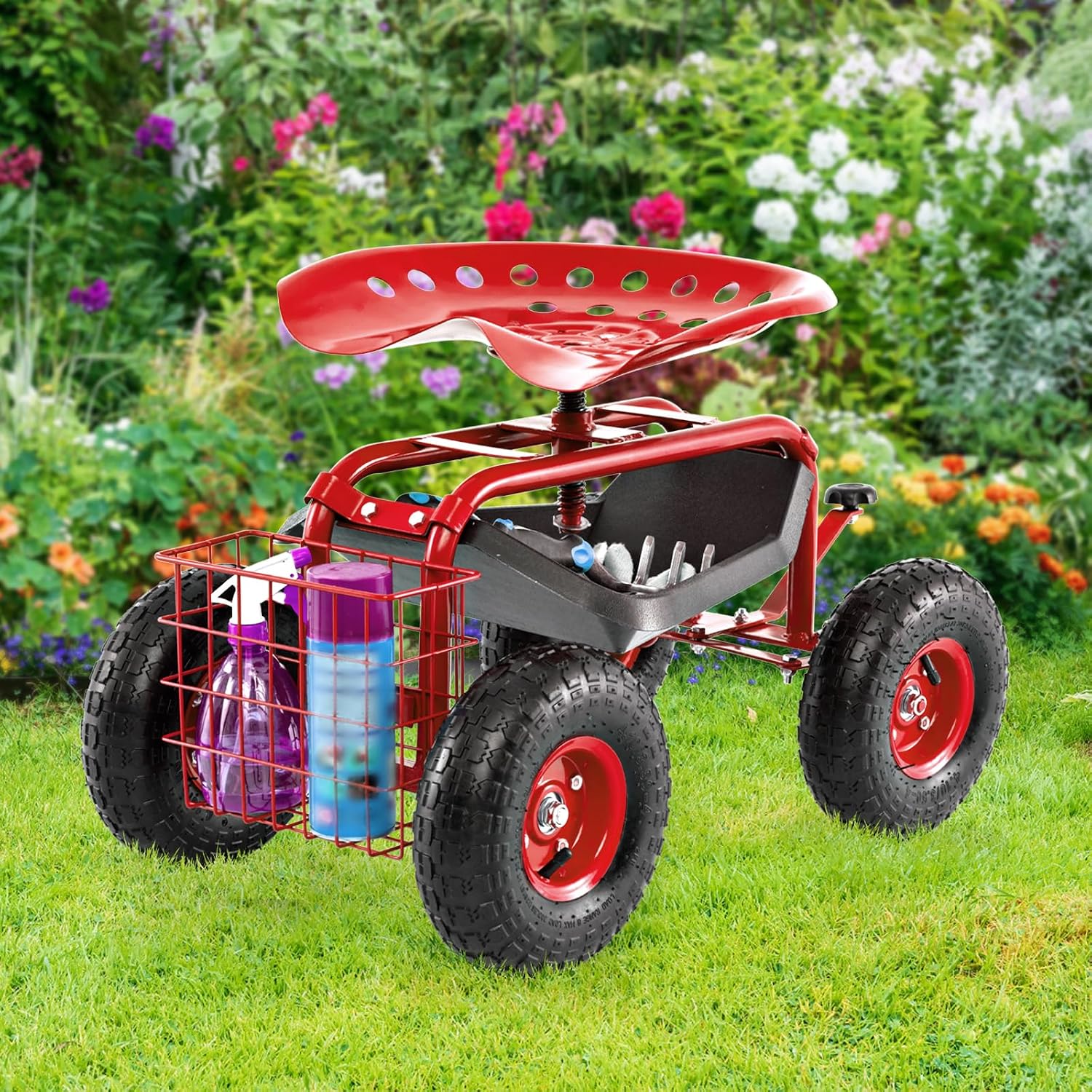 Goplus Rolling Garden Cart with Seat, Outdoor Garden Stool with Wheels, Tool Tray & Basket, Adjustable Steering Handle