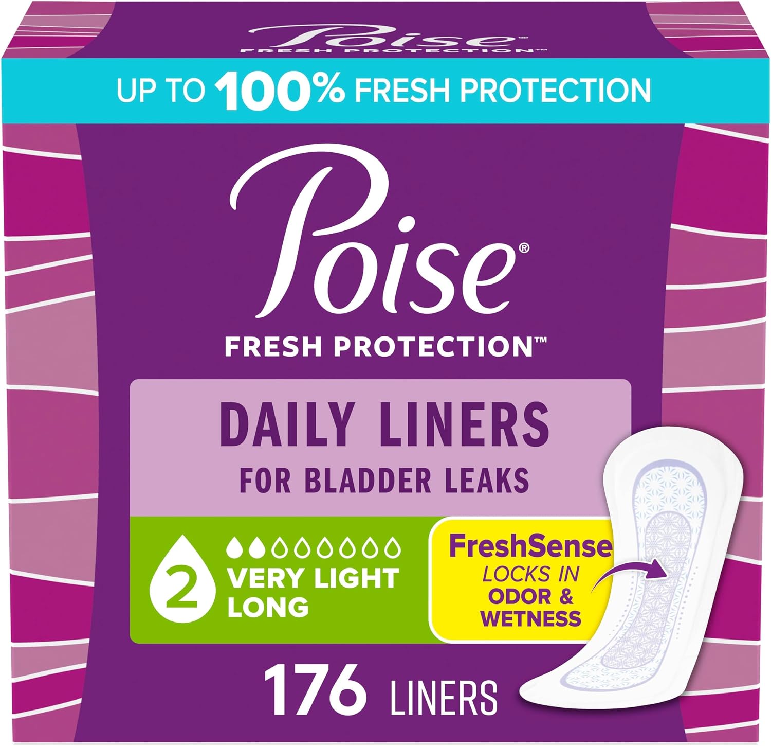 Poise Daily Liners, Incontinence Panty Liners for Bladder Leaks, 2 Drop Very Light Absorbency, Long Length, 264 Count of Pantiliners (6 Packs of 44), Packaging May Vary