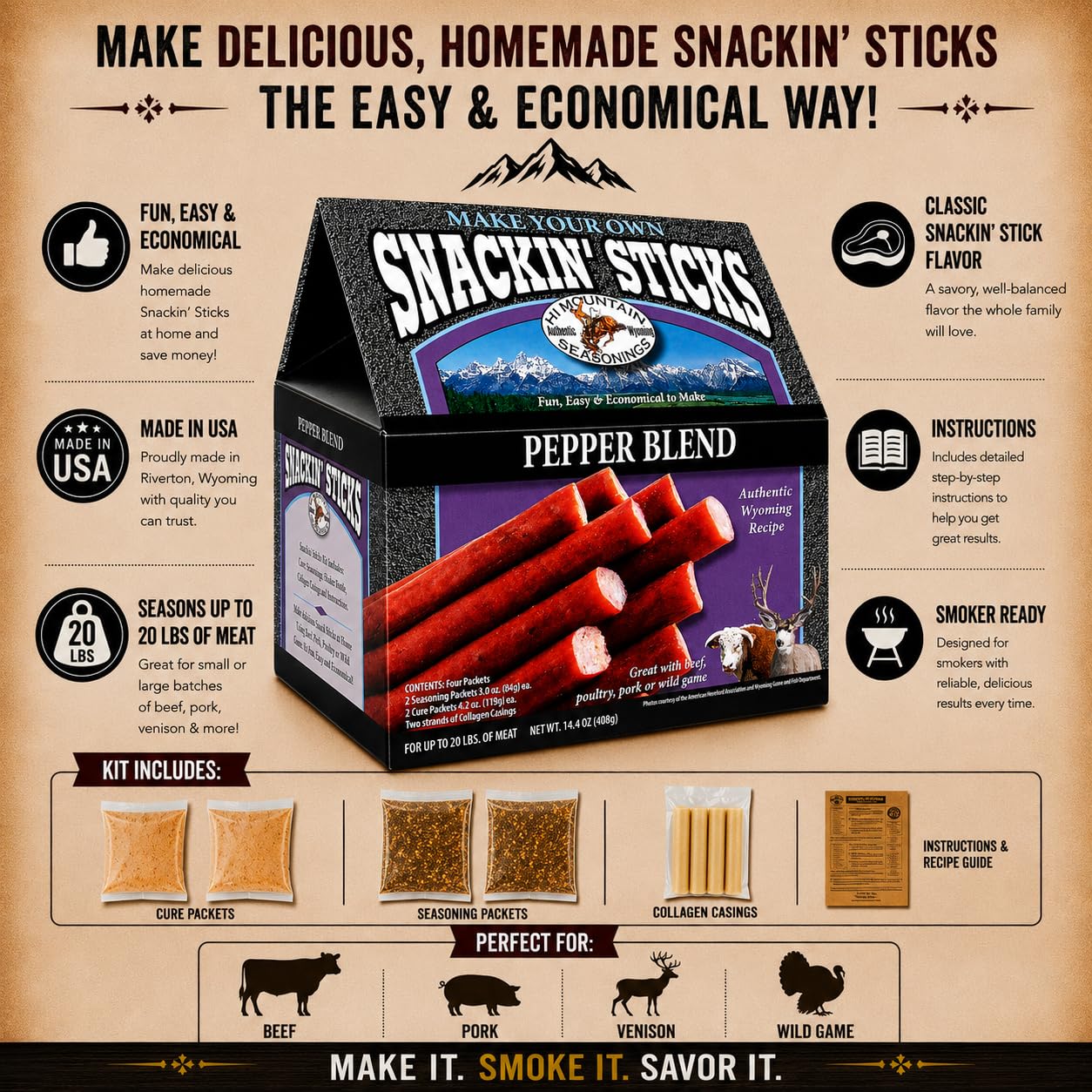 Hi Mountain Snack Stick Seasoning Kit | ORIGINAL | Makes 20 lbs | Complete Snack Stick Kit, Seasoning, Cure, Casings, & Directions Included, For Beef, Deer, Elk, Venison & Wild Game Meat